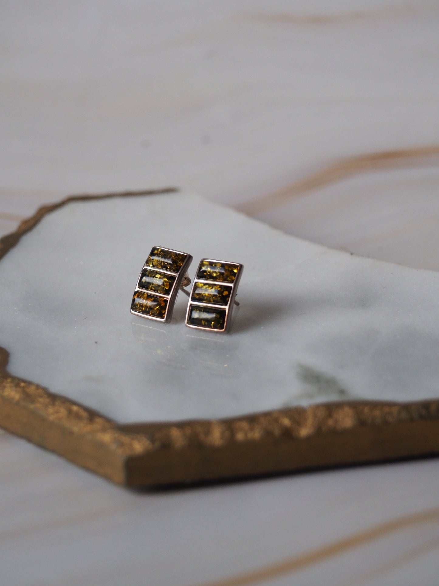 Green Amber Stud Earrings In Silver