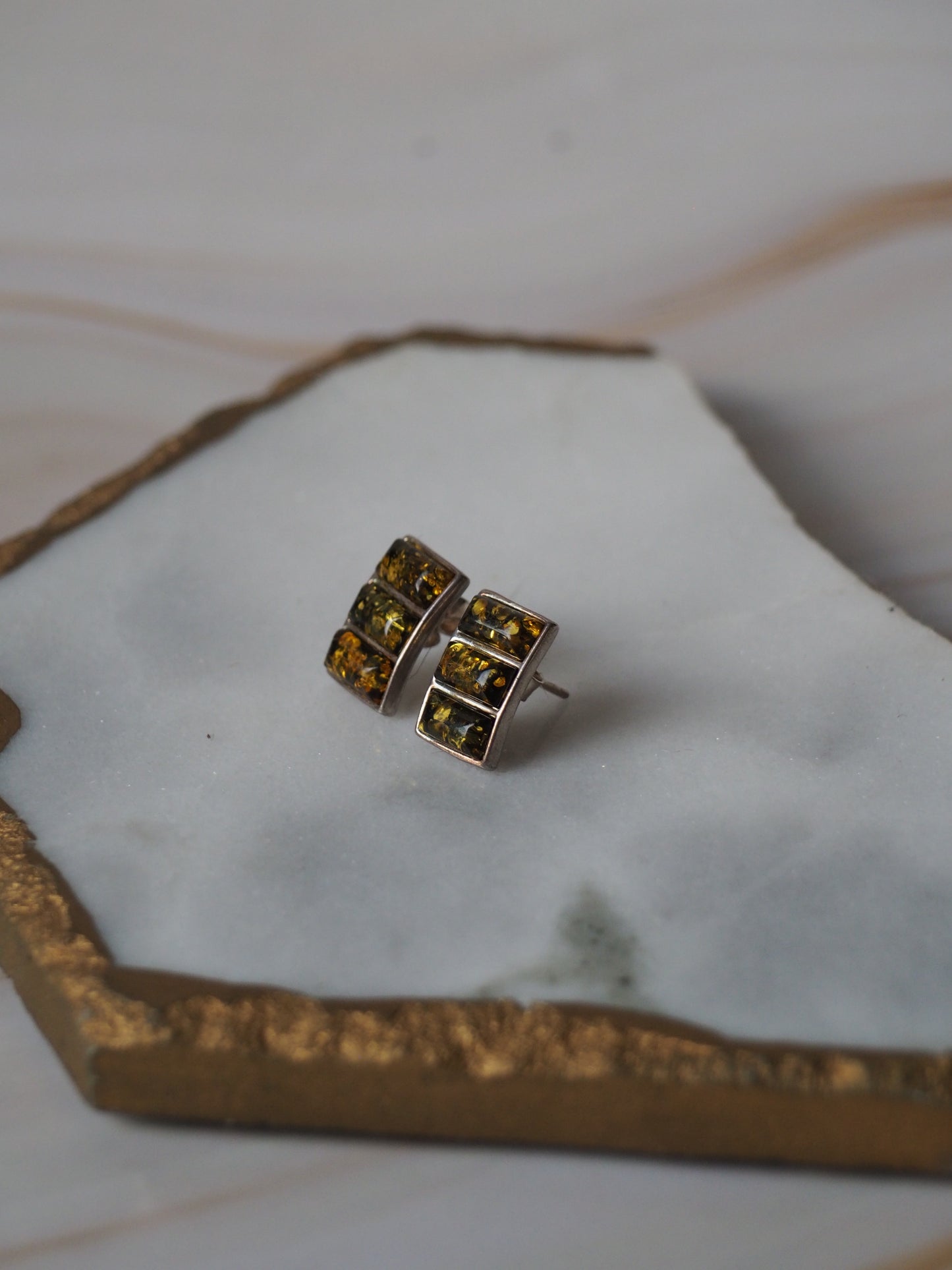 Green Amber Stud Earrings In Silver