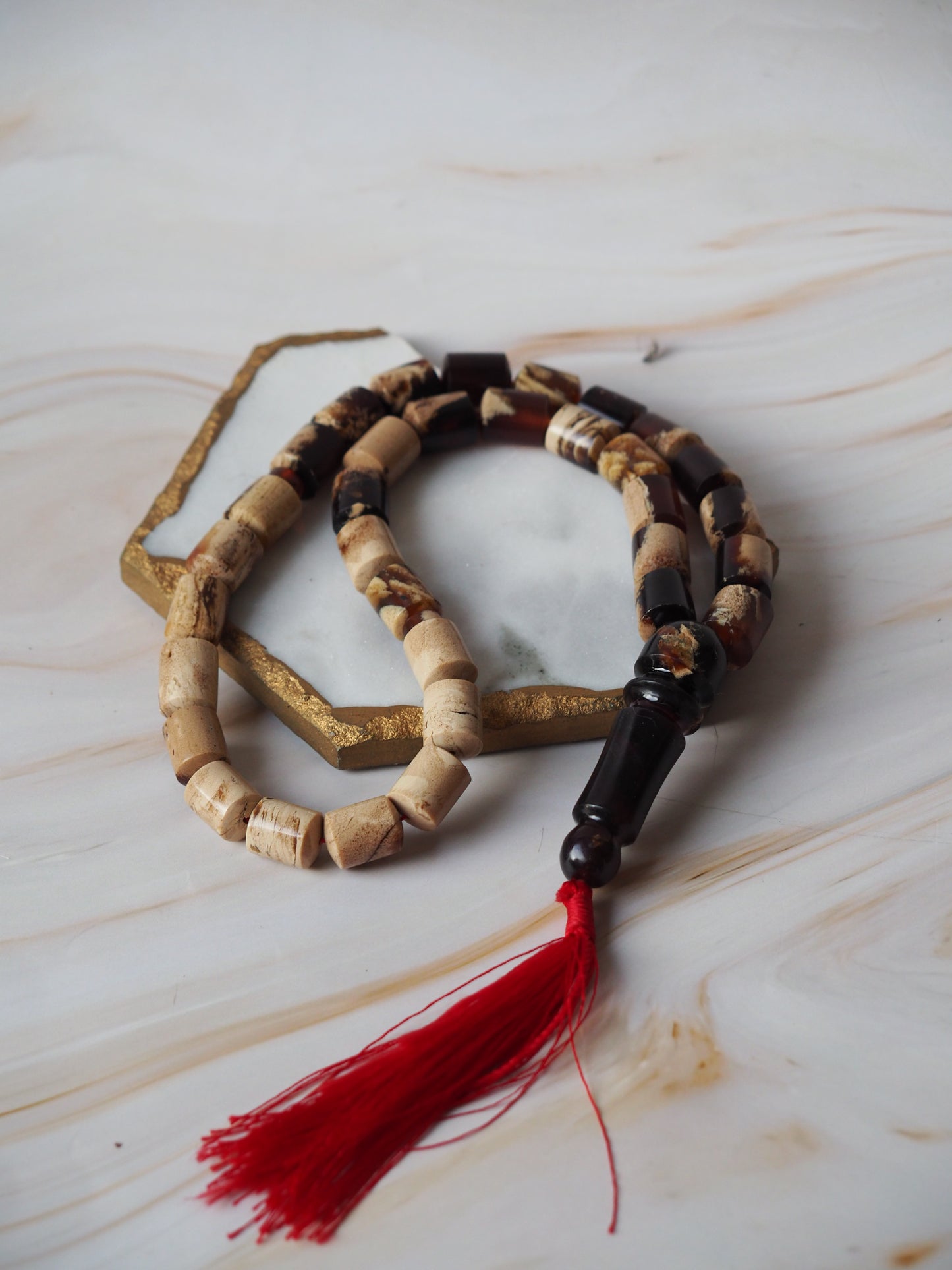 Indonesian Zebra/ Blue Amber Natural Barrel Shape Rosary 60,6g