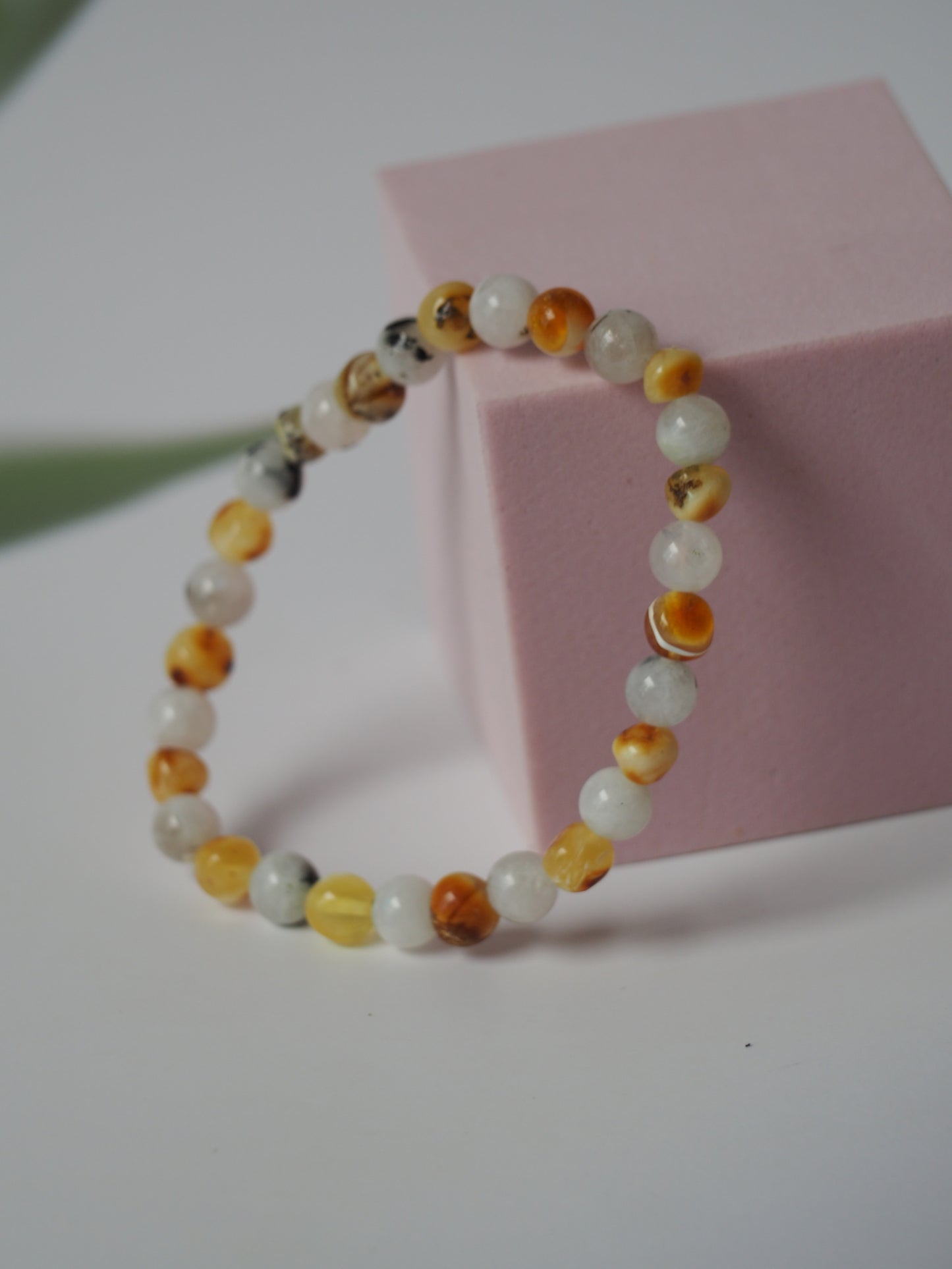 Moonstone and Irregular Multicolor Amber Beaded Bracelet