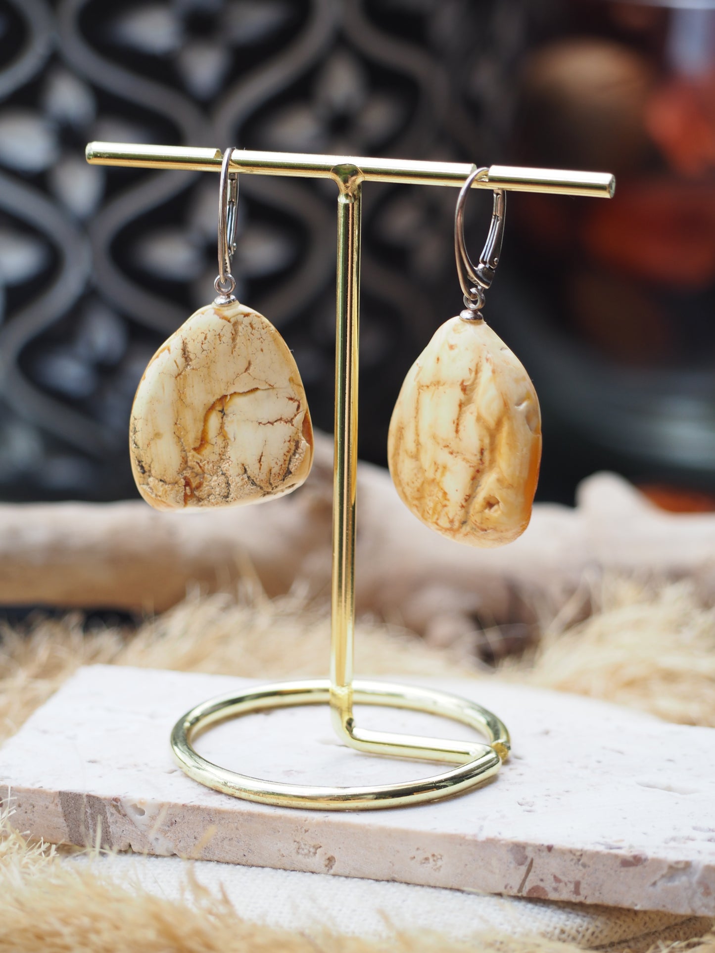 White Raw Amber/ Honey Amber Drop Bulky Earrings