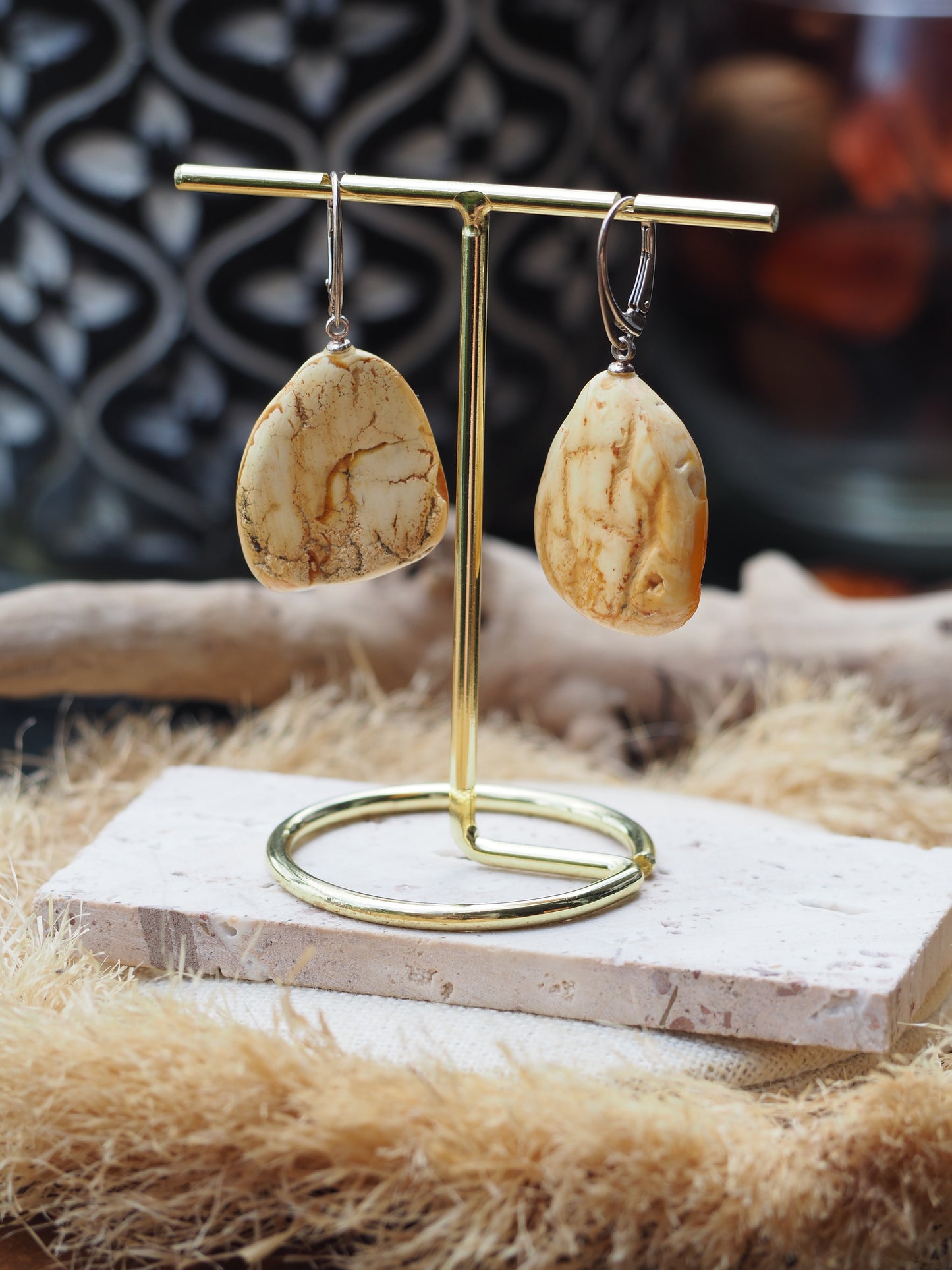 White Raw Amber/ Honey Amber Drop Bulky Earrings