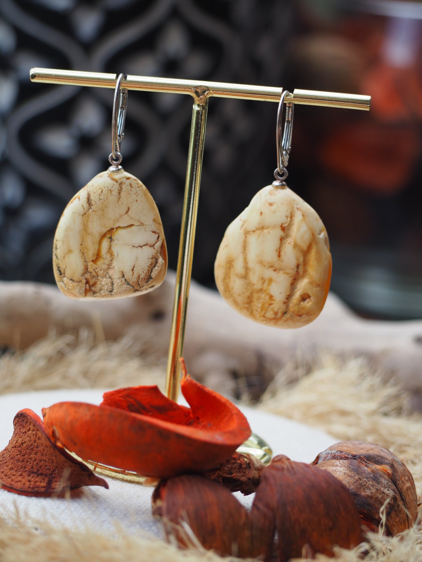 White Raw Amber/ Honey Amber Drop Bulky Earrings