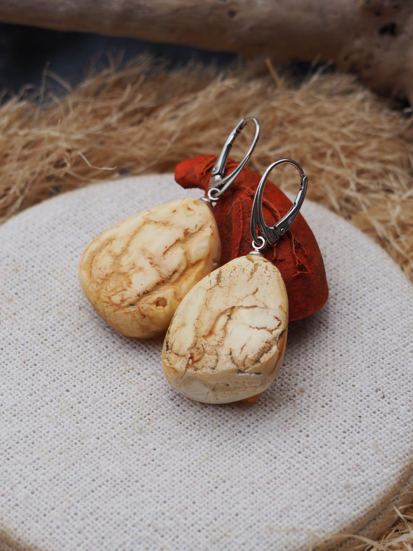 White Raw Amber/ Honey Amber Drop Bulky Earrings