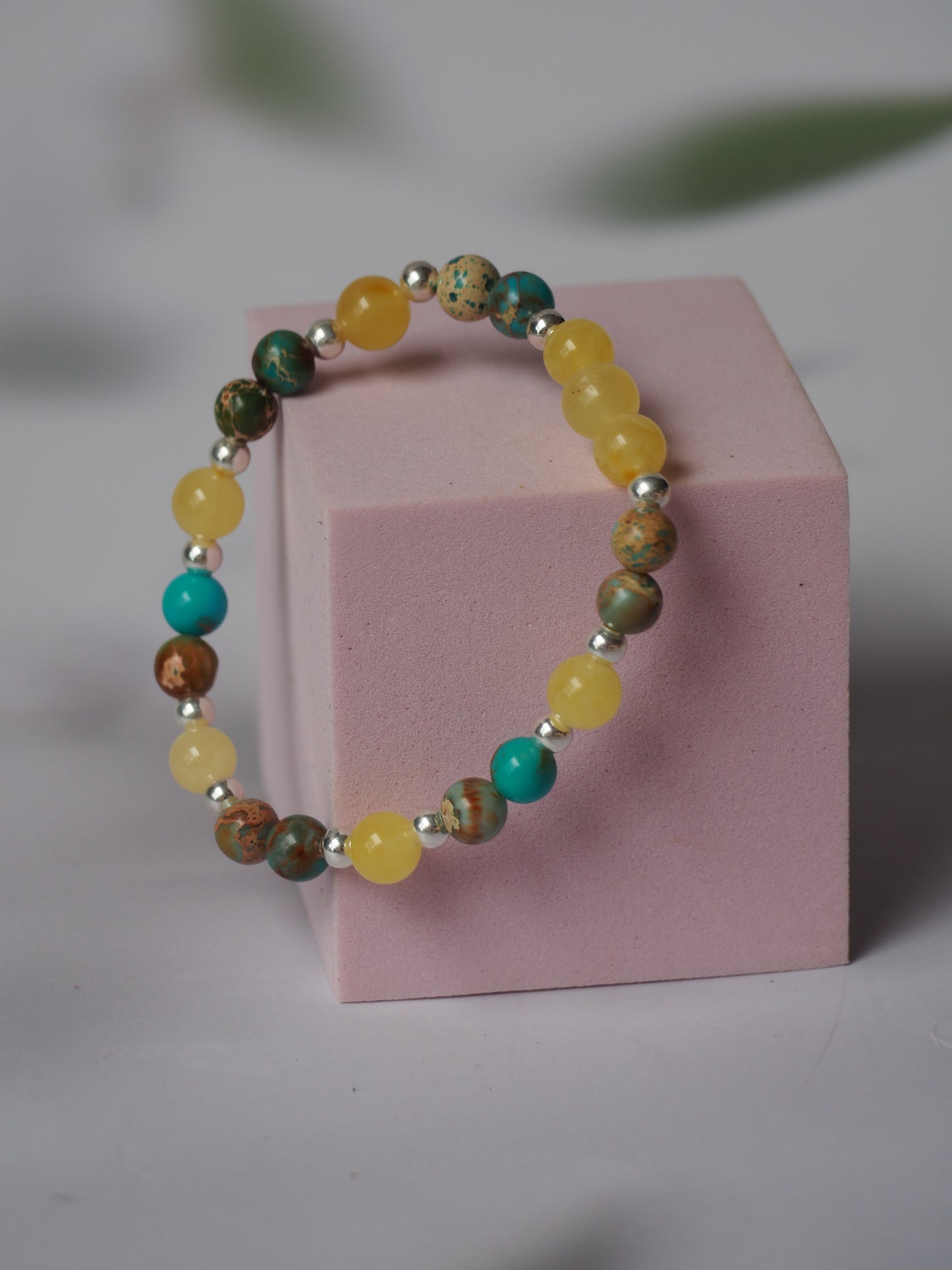Natural Cloudy Amber, Silver 925 & Turquoise Beaded Bracelet