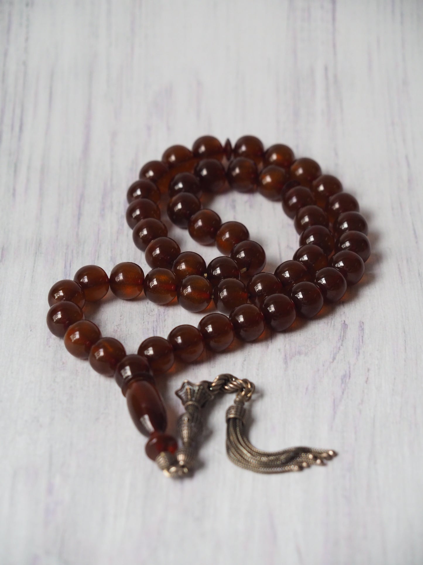 Transparent Brown Antique Glitter Bakelite Misbah with Silver Tassel 47 Beads