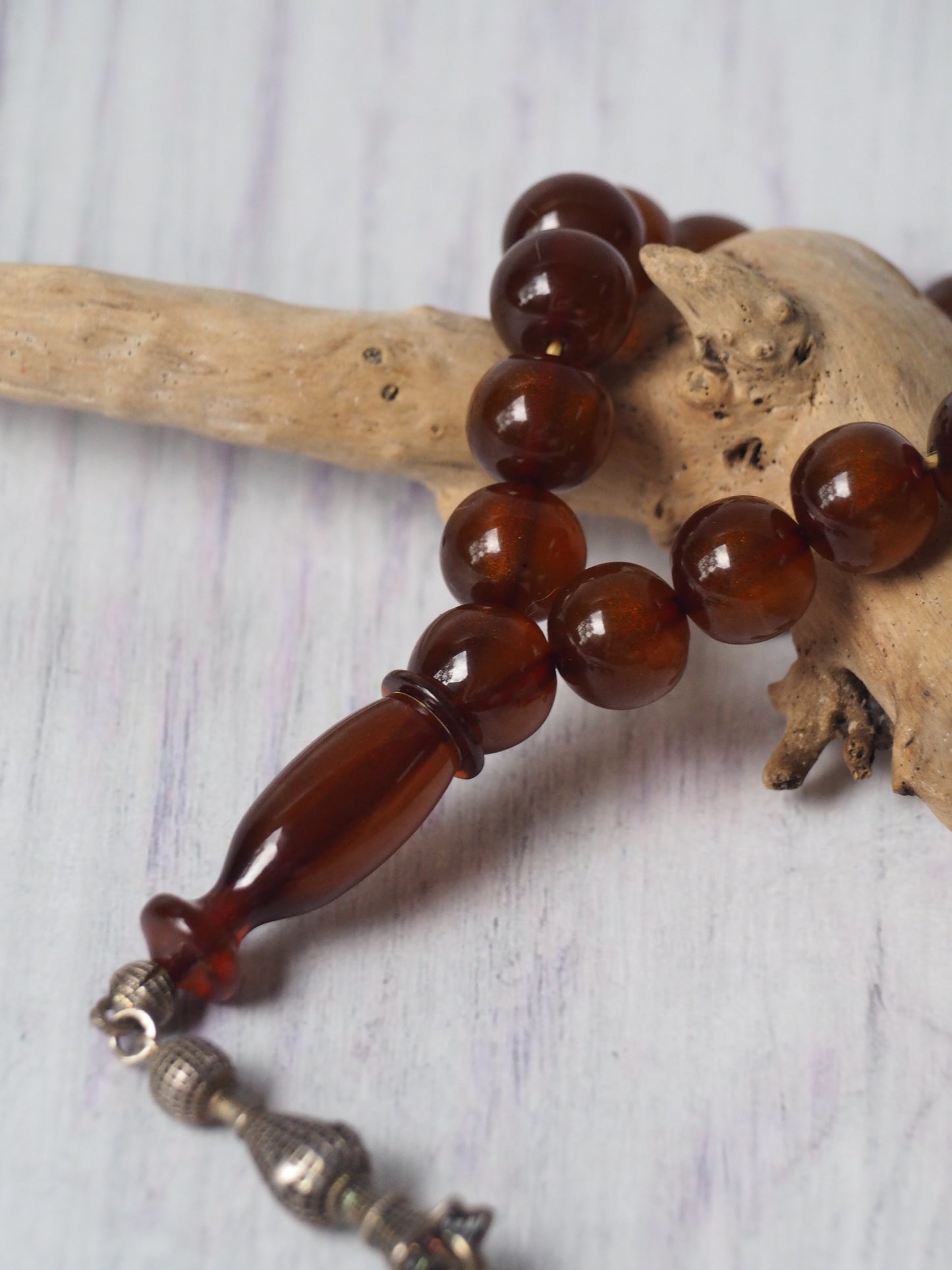 Transparent Brown Antique Glitter Bakelite Misbah with Silver Tassel 47 Beads