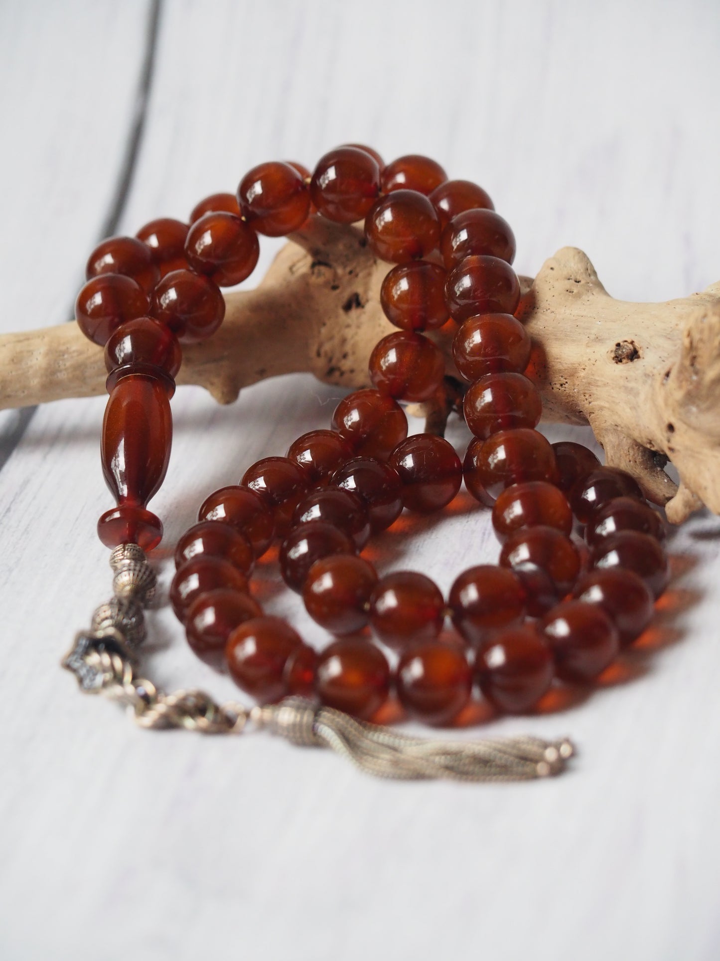 Transparent Brown Antique Glitter Bakelite Misbah with Silver Tassel 47 Beads