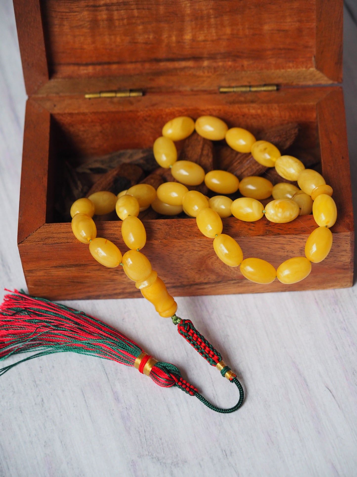 Small Natural Pocket Size Amber Tasbih 33 Beads Olive Shape
