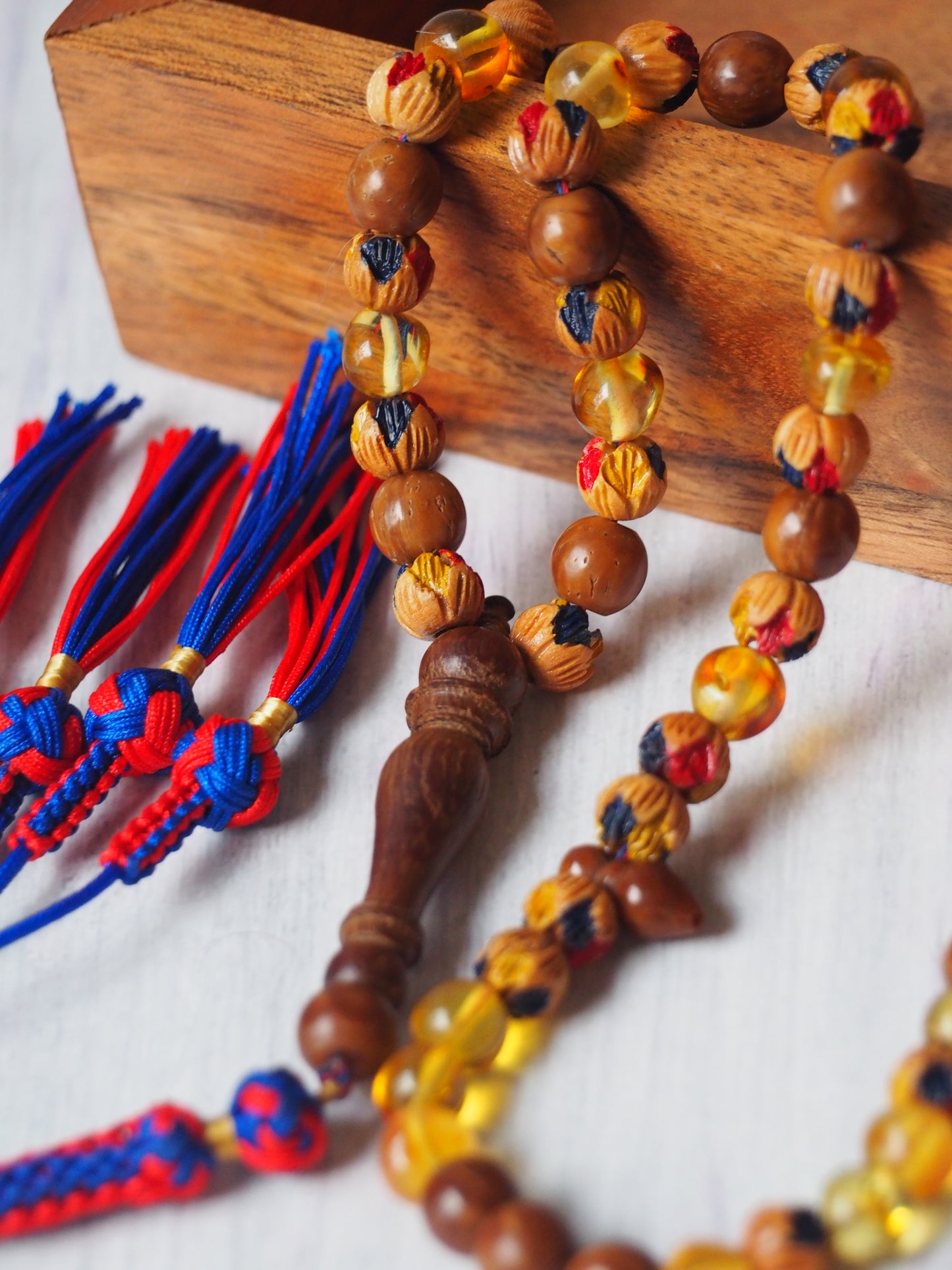 Pocket Size Carved and Painted Peach with Kokka Wood and Citron Amber Misbaha 66 Beads