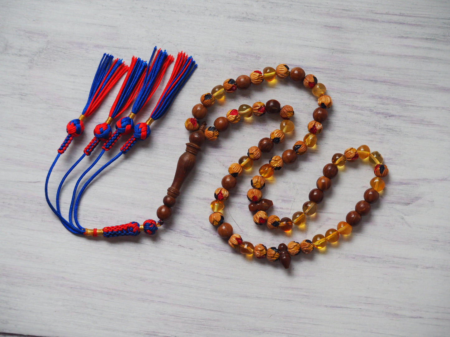 Pocket Size Carved and Painted Peach with Kokka Wood and Citron Amber Misbaha 66 Beads