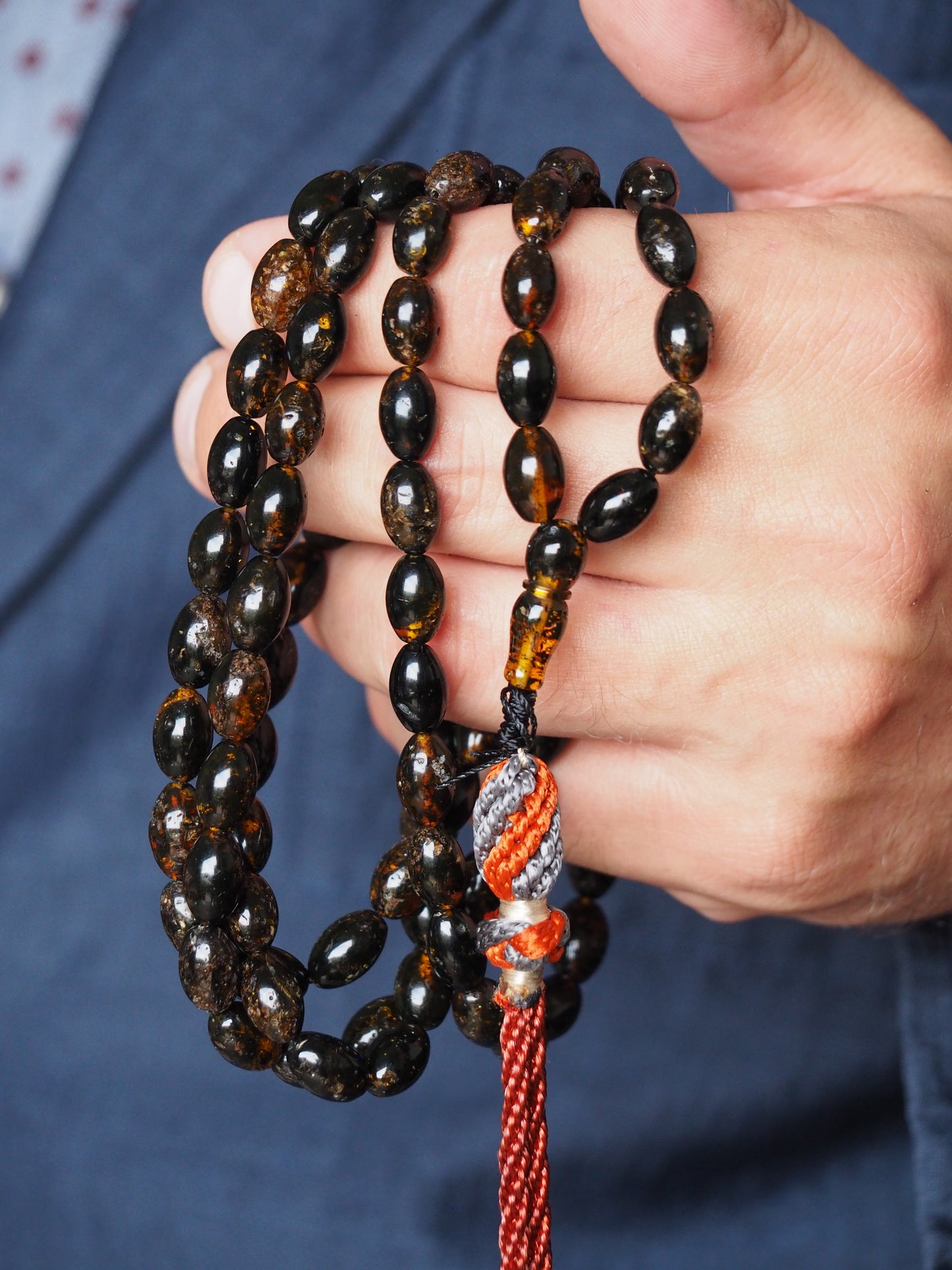 Dark Brown Sea Medical Amber Small Olive Shape Tasbih 99 Beads