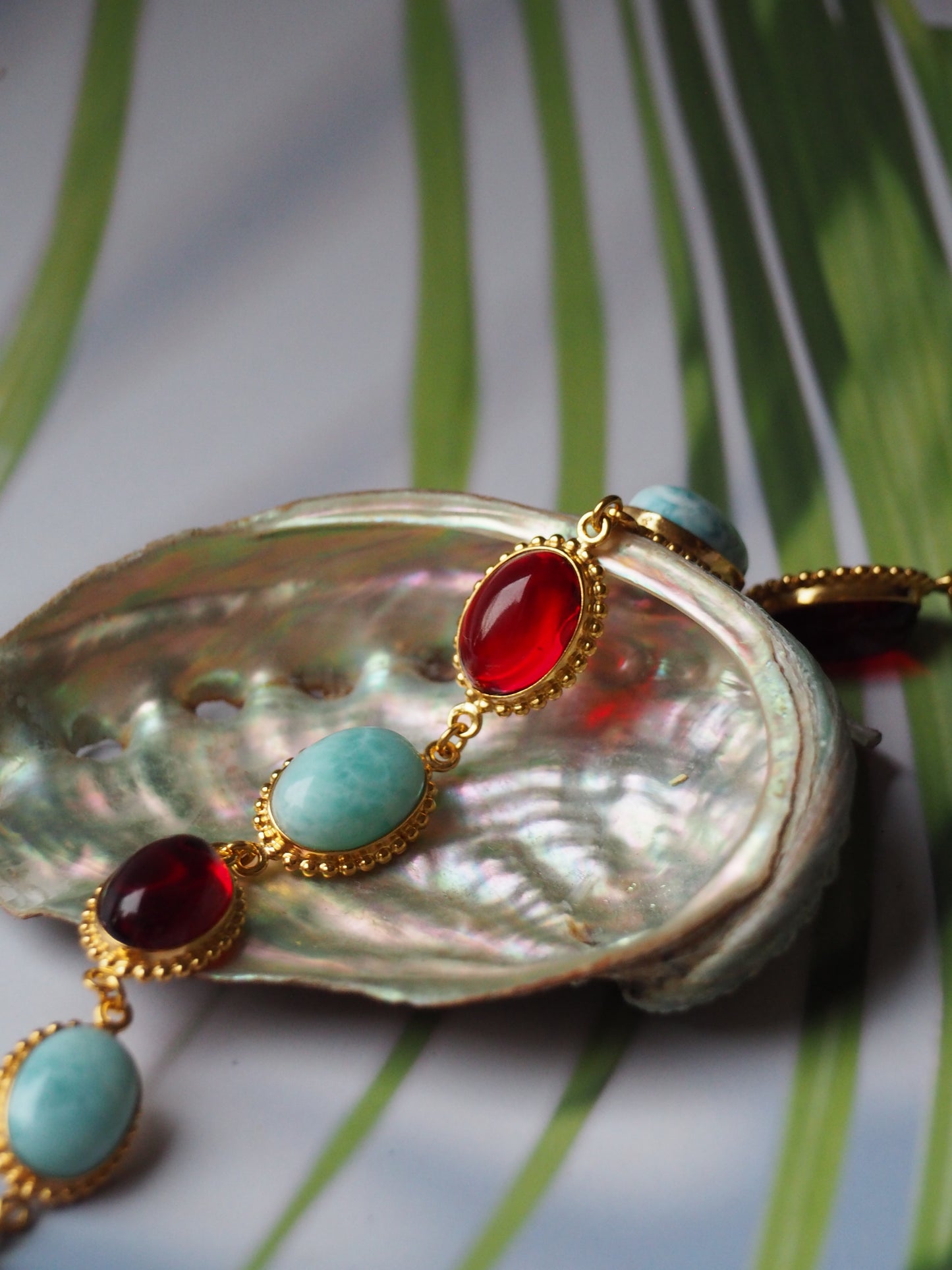 Red Amber and Larimar Bracelet in Gold Plated Silver