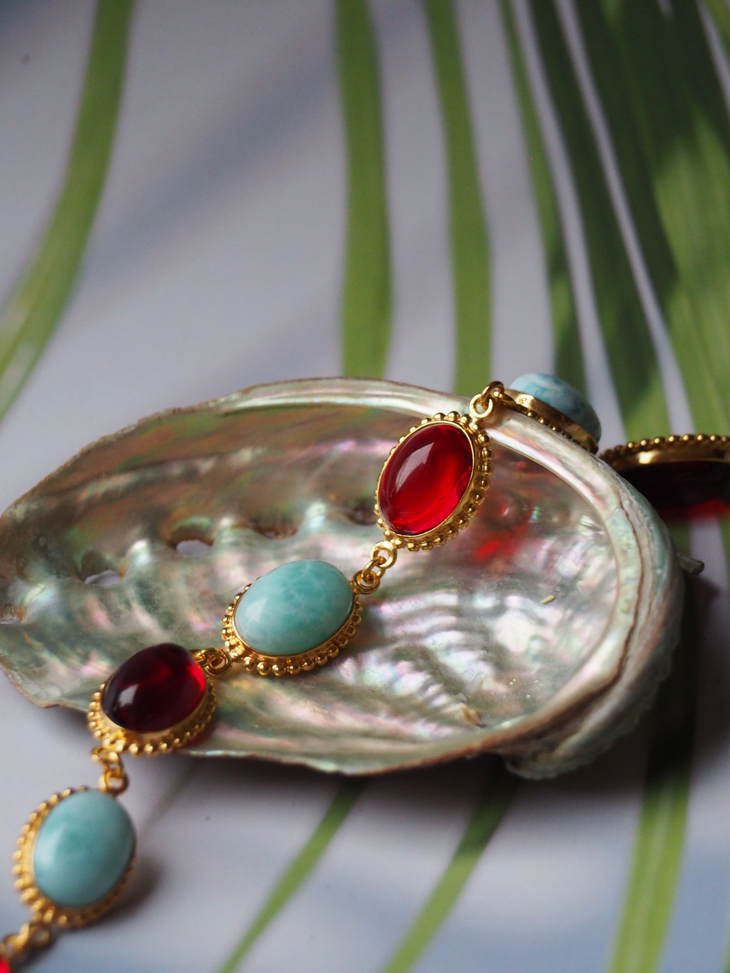 Red Amber and Larimar Bracelet in Gold Plated Silver
