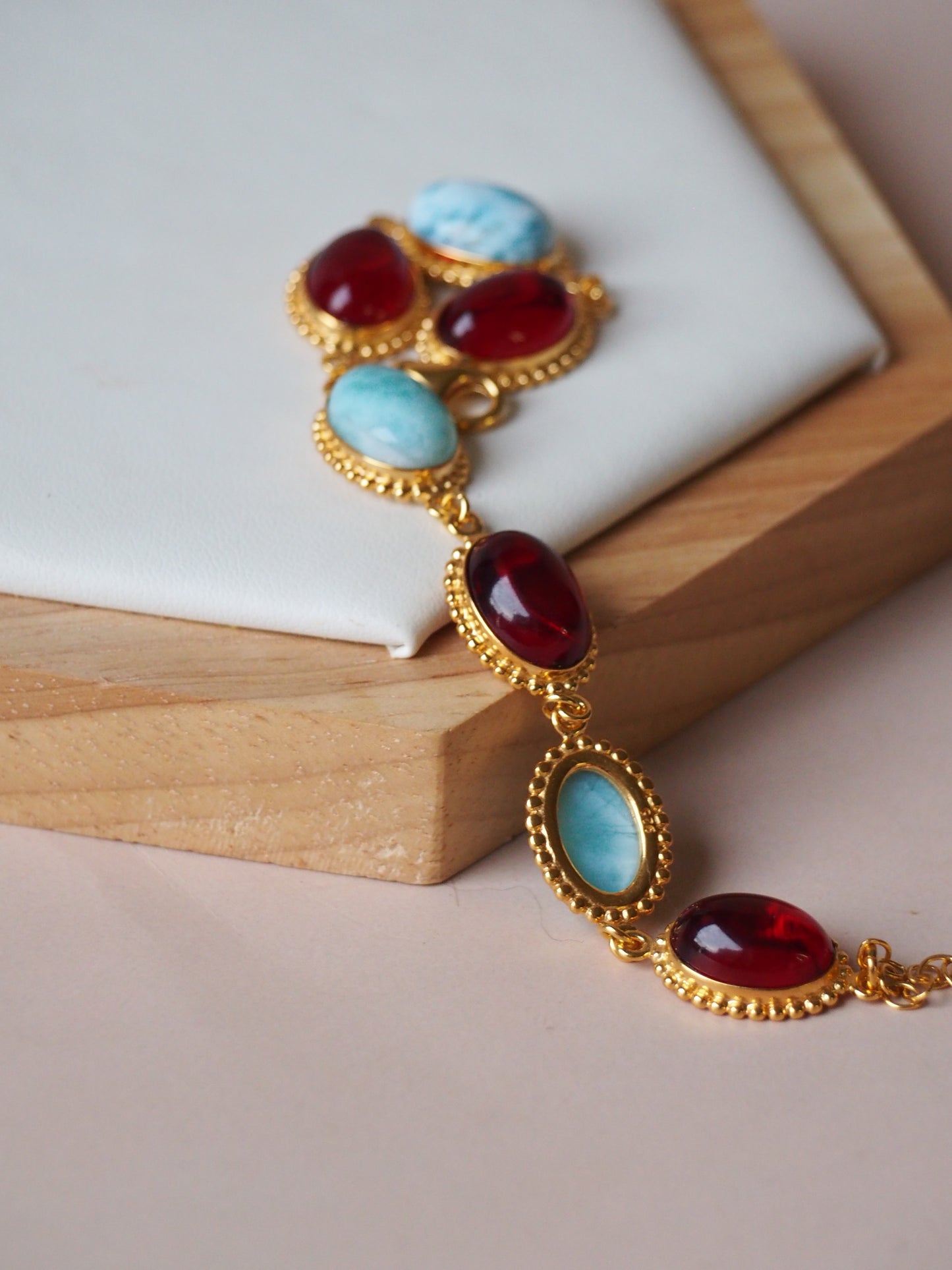 Red Amber and Larimar Bracelet in Gold Plated Silver