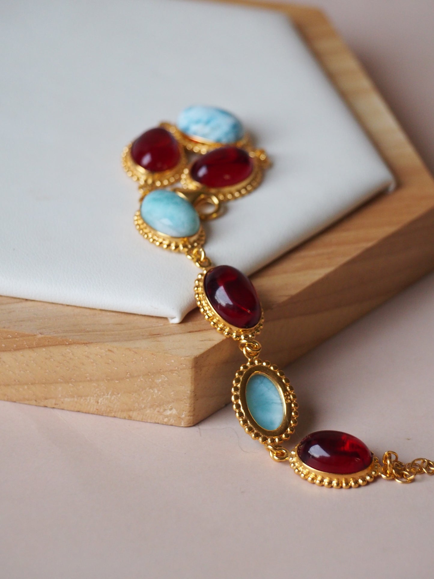 Red Amber and Larimar Bracelet in Gold Plated Silver