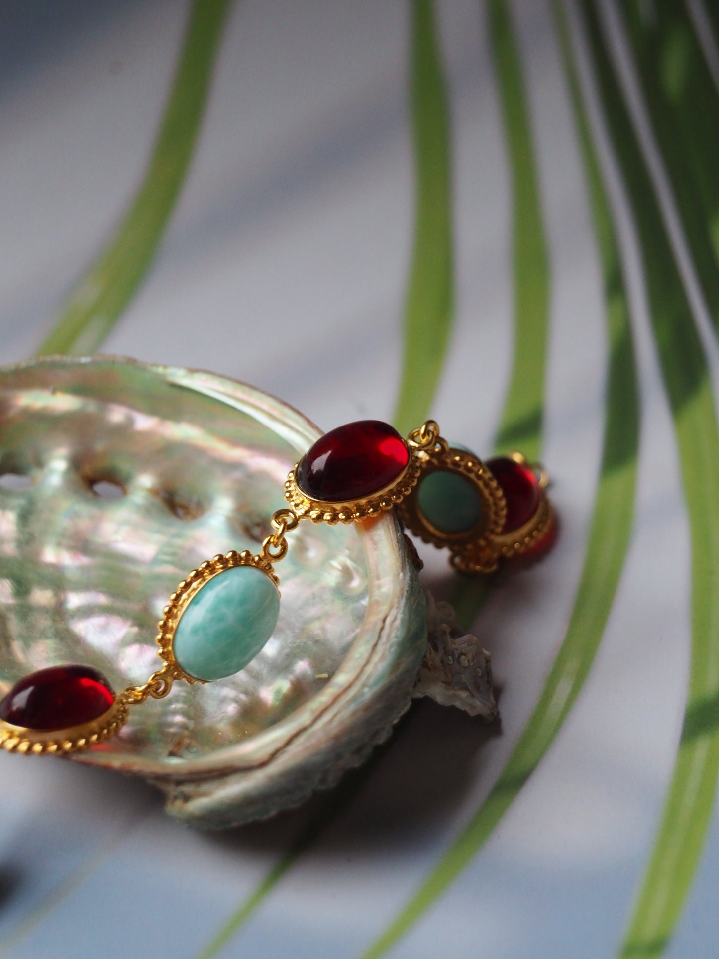 Red Amber and Larimar Bracelet in Gold Plated Silver