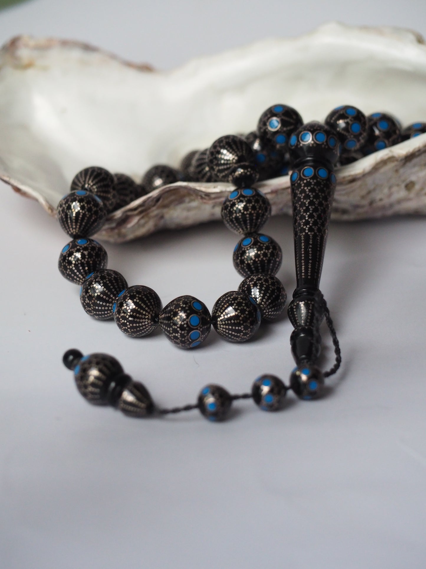 Black Kokka Wood with Silver Engravings Tasbih 33 Beads