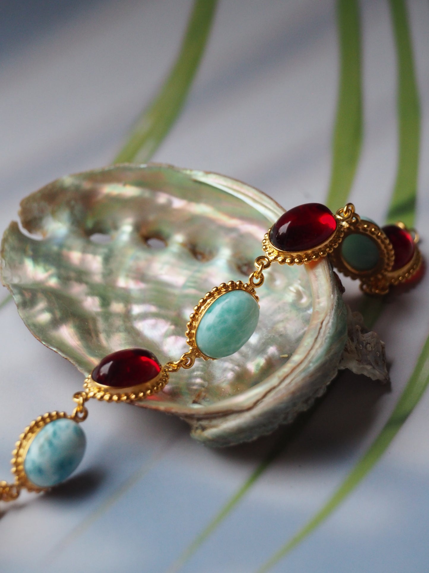 Red Amber and Larimar Bracelet in Gold Plated Silver