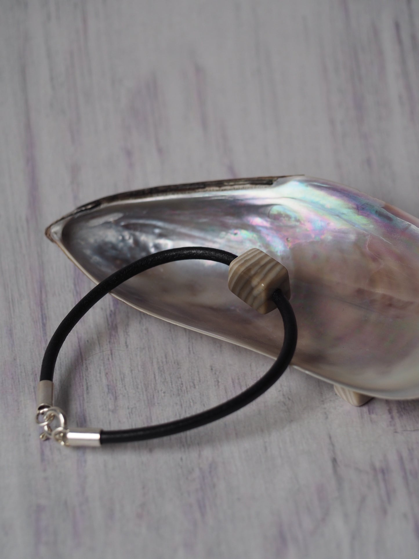Bracelet with Natural Striped Flint and Leather Strap