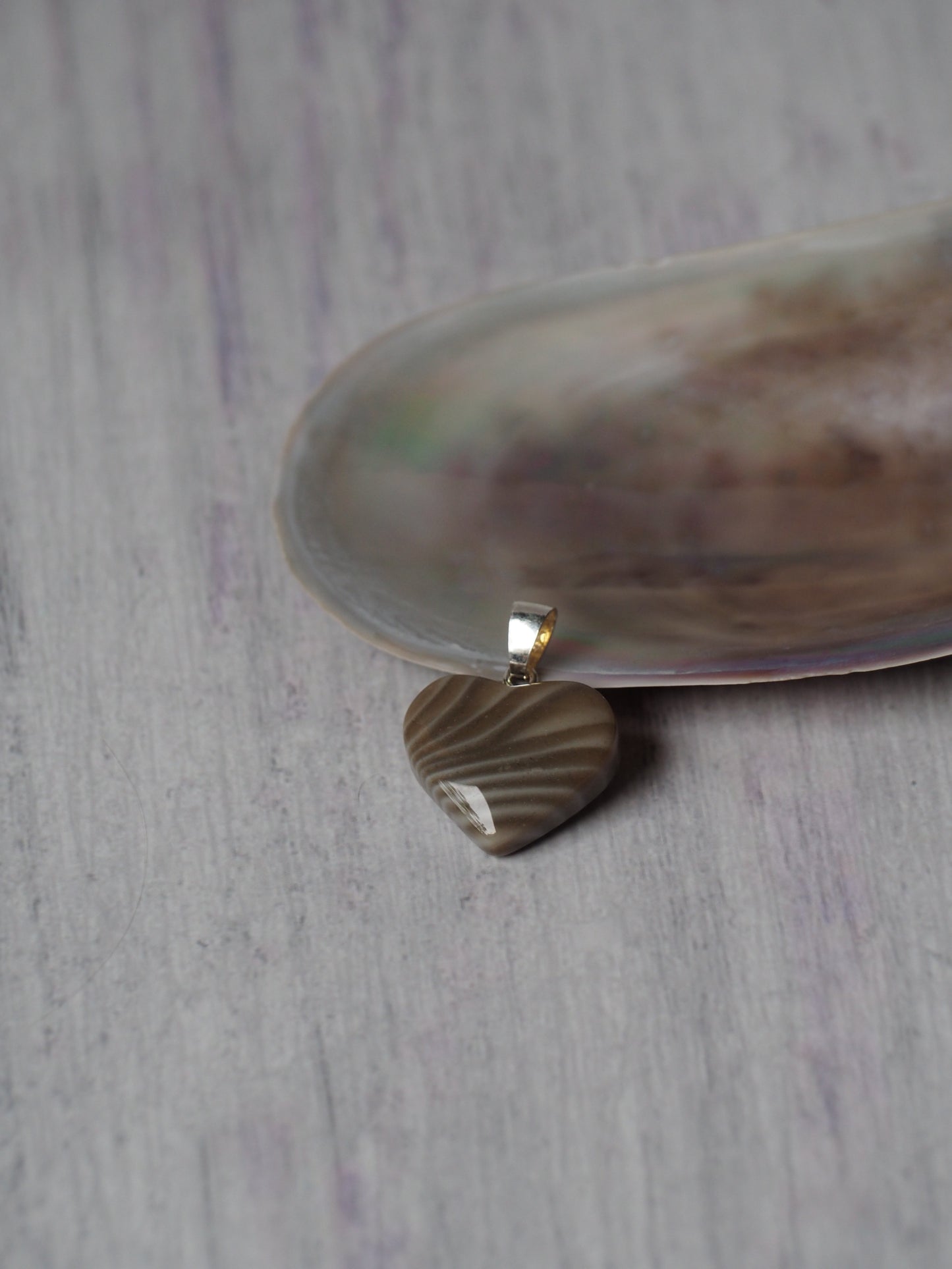 Natural Heart Shaped Striped Flint Pendant with Silver Hook
