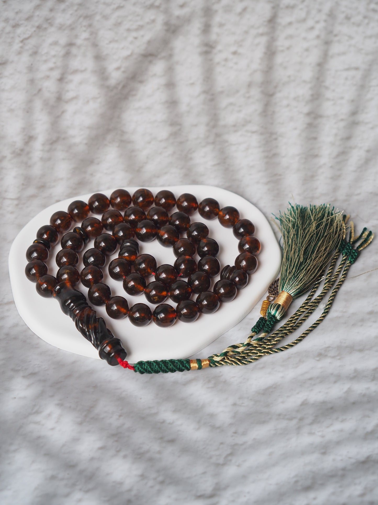 Antique Dark Cognac Kaliningrad Melted Amber Tasbih 49 Beads from 1980s