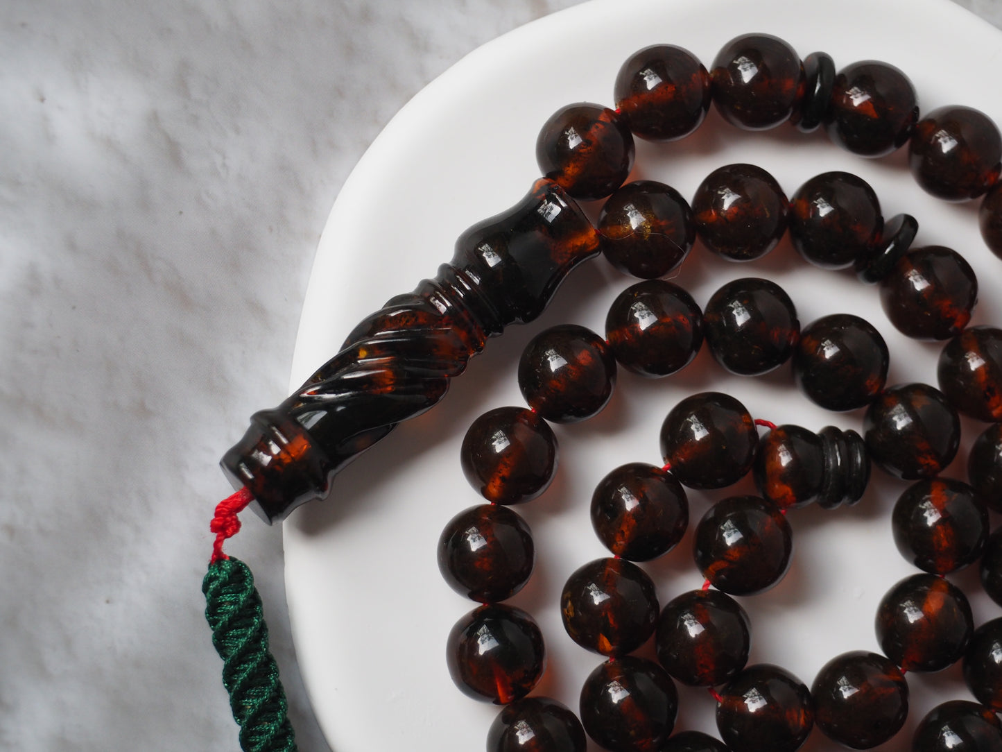 Antique Dark Cognac Kaliningrad Melted Amber Tasbih 49 Beads from 1980s
