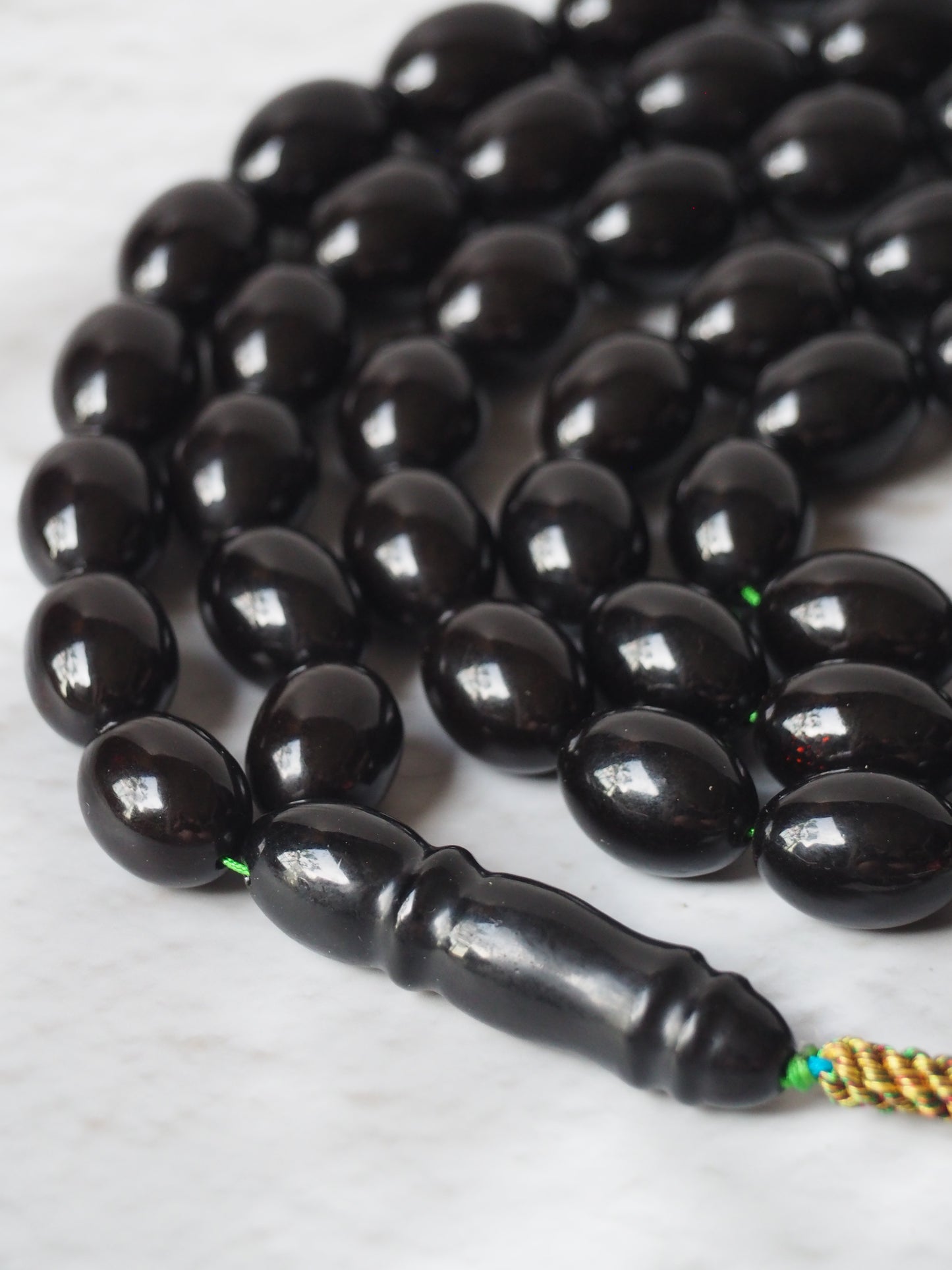 Unique and Extremely Rare Antique Black Melted German Amber Tasbih From 1980s Iraq | 66 Olive Beads | 150g