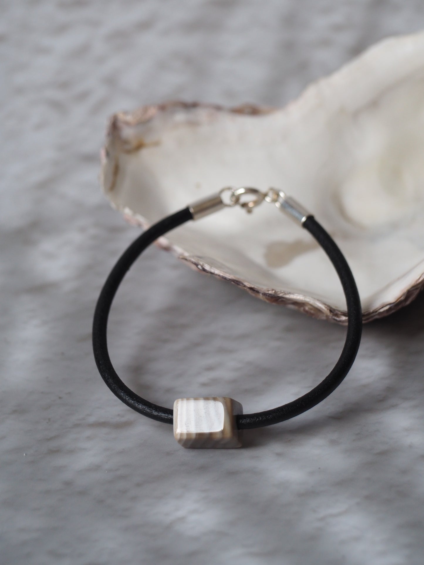 Bracelet with Natural Striped Flint and Leather Strap