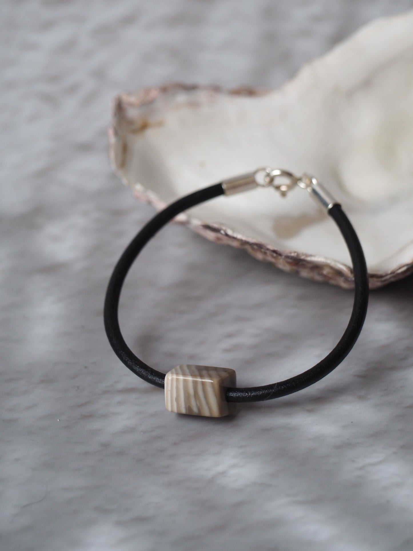 Bracelet with Natural Striped Flint and Leather Strap