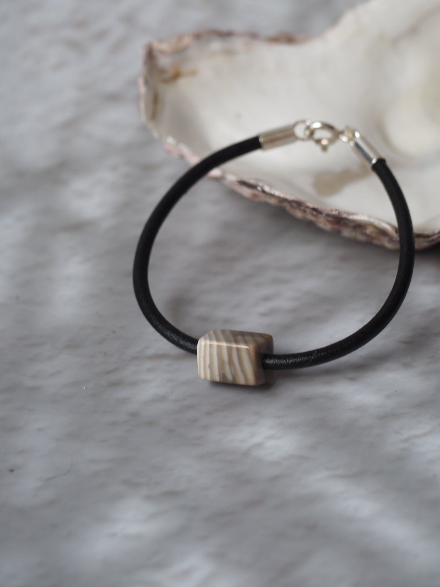 Bracelet with Natural Striped Flint and Leather Strap