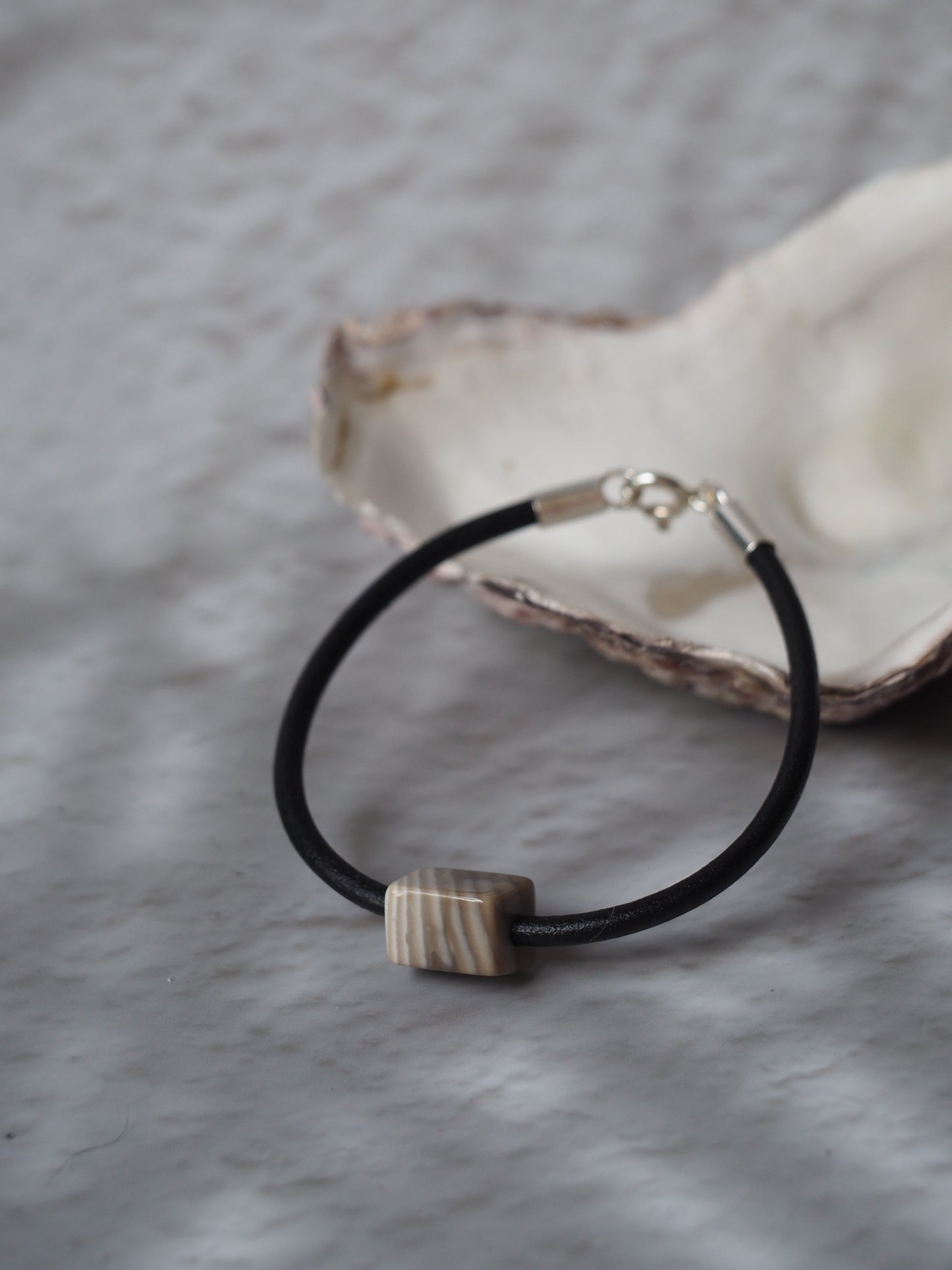 Bracelet with Natural Striped Flint and Leather Strap