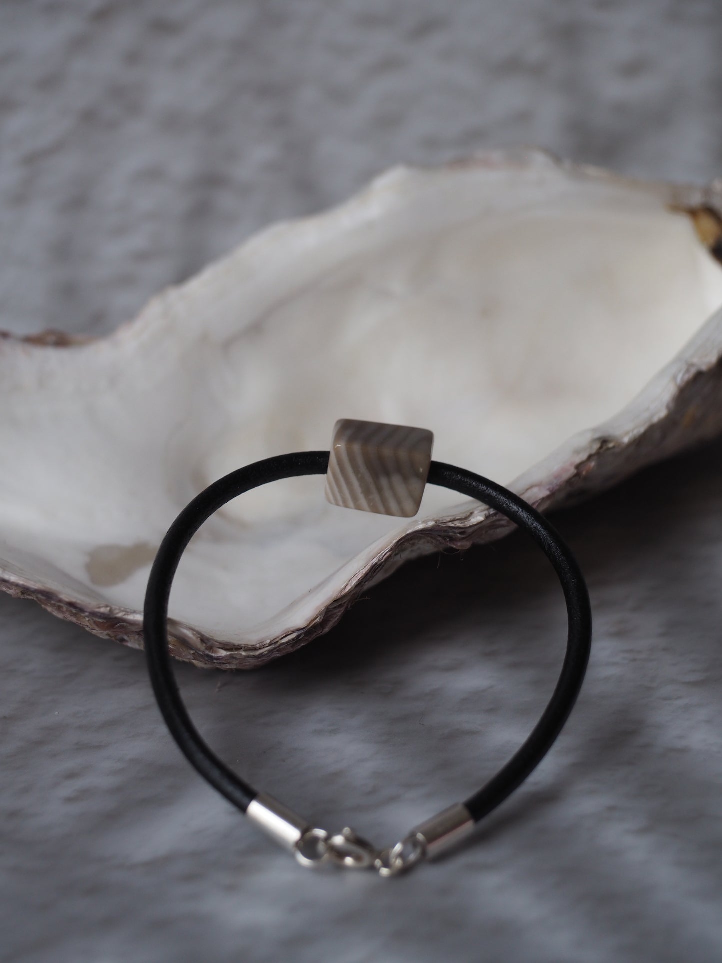 Bracelet with Natural Striped Flint and Leather Strap