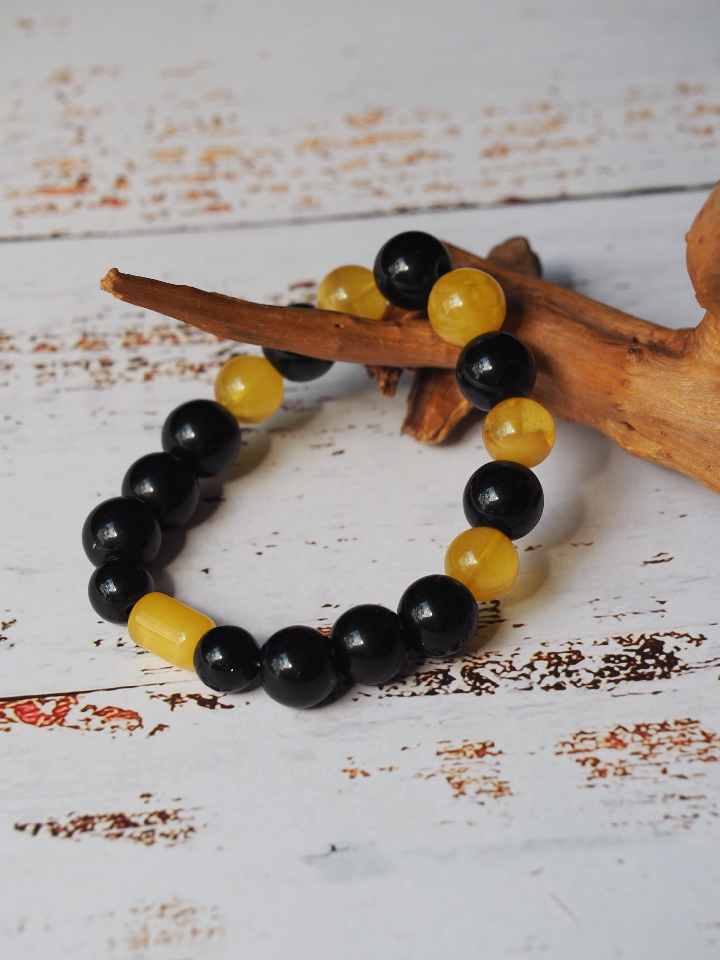 Black Onyx and Cloudy Baltic Amber Beaded Bracelet