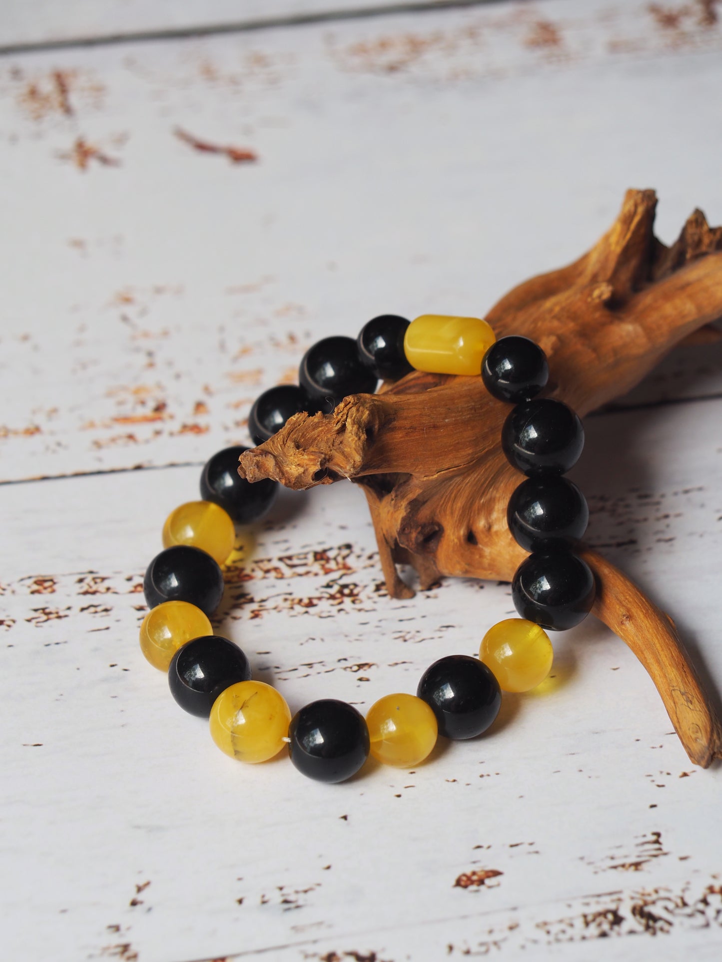 Black Onyx and Cloudy Baltic Amber Beaded Bracelet