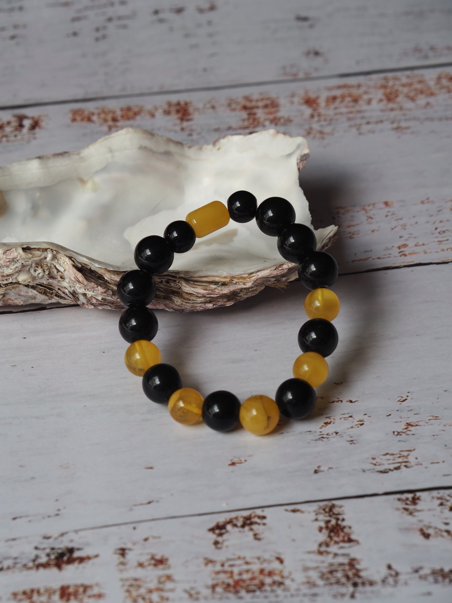 Black Onyx and Cloudy Baltic Amber Beaded Bracelet
