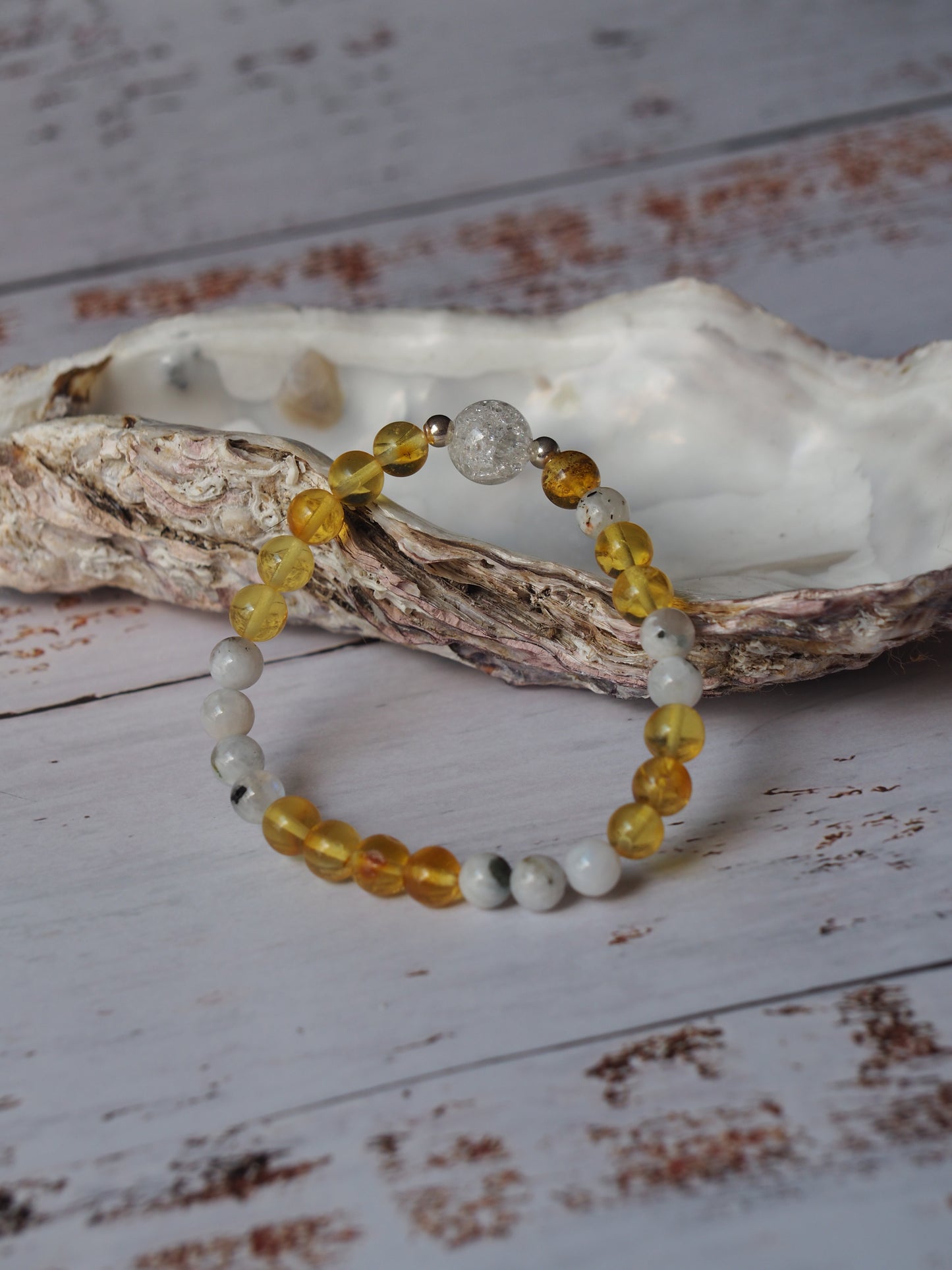 Unique Citron Amber, Moonstones and Mountain Crystal Beaded Bracelet with 925 Silver