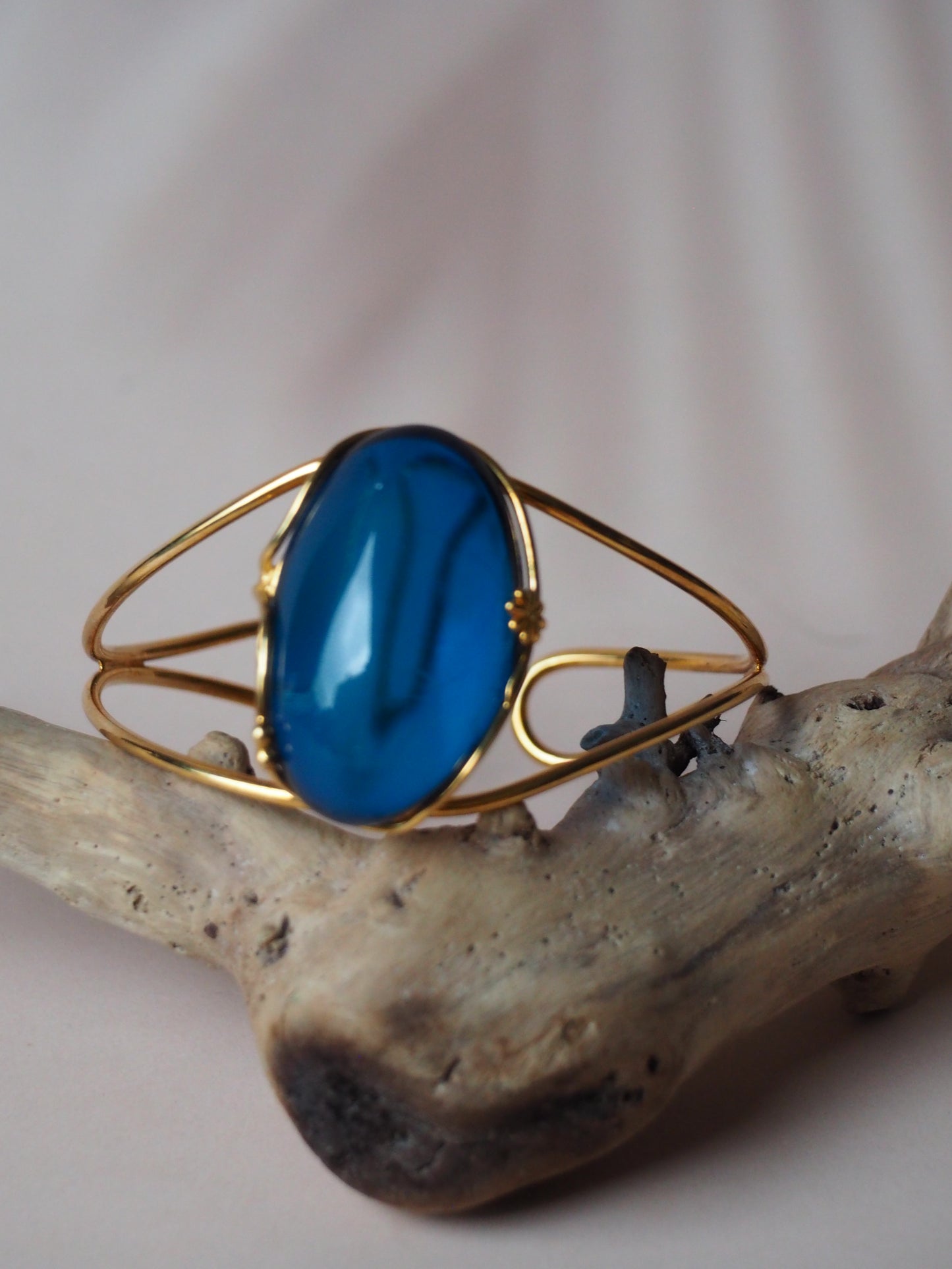 Oval Shape Blue Amber Gold Plated Cuff Bracelet
