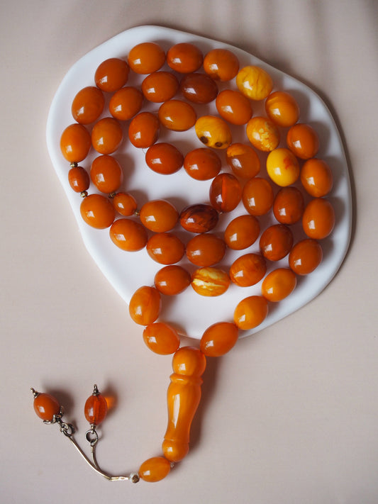 Natural Antique Vintage Olive Shape Amber Tasbih from 1980s with Certificate
