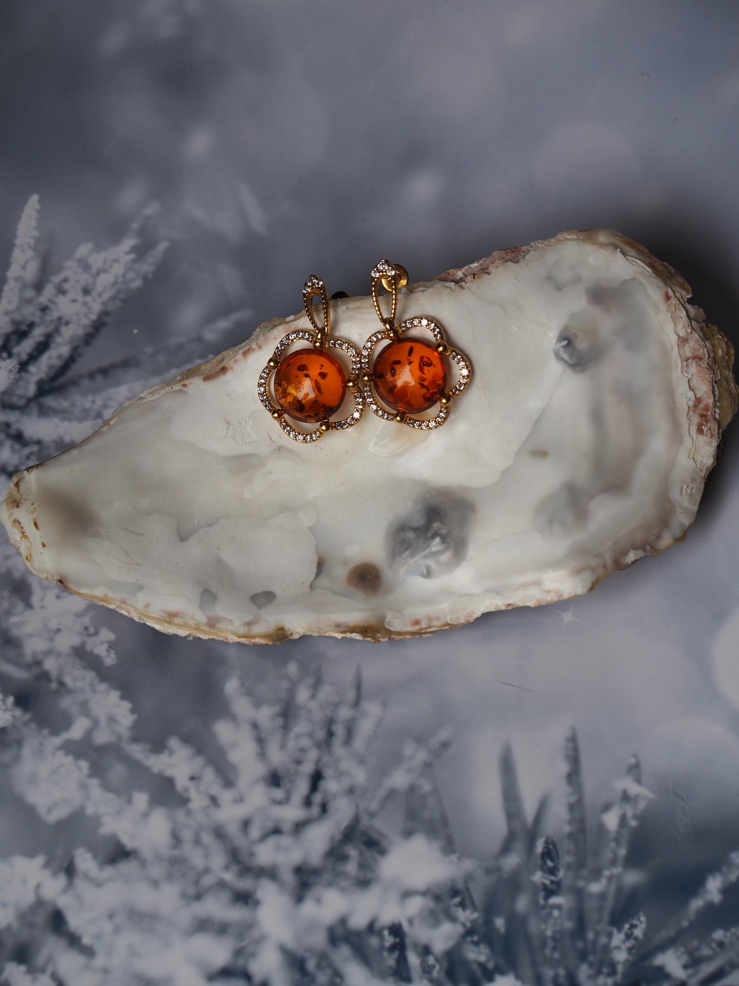 Delicate Flower Shaped Cognac Amber Earrings with Cubic Zirconia in Gold Plated Silver
