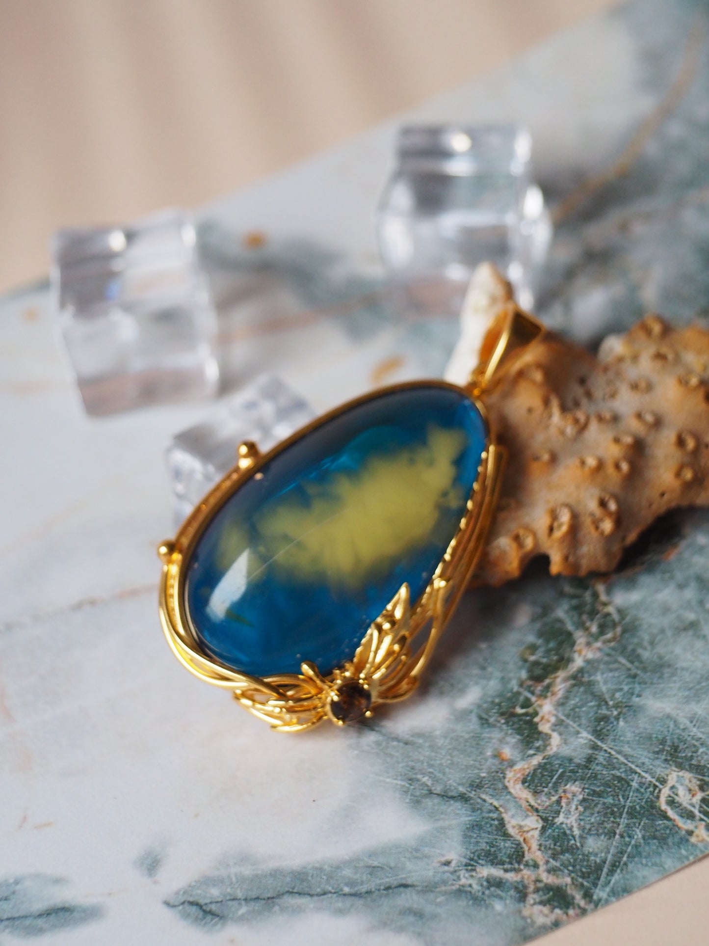Unique Blue Amber Pendant with Milk Inclusion and Amethyst in Gold Plated Silver
