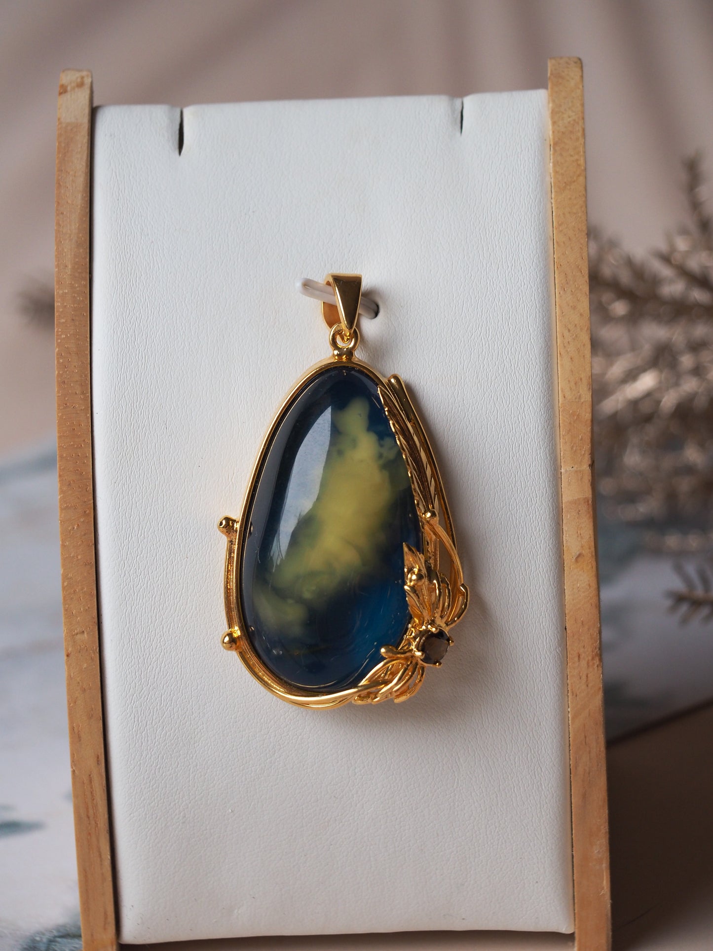 Unique Blue Amber Pendant with Milk Inclusion and Amethyst in Gold Plated Silver
