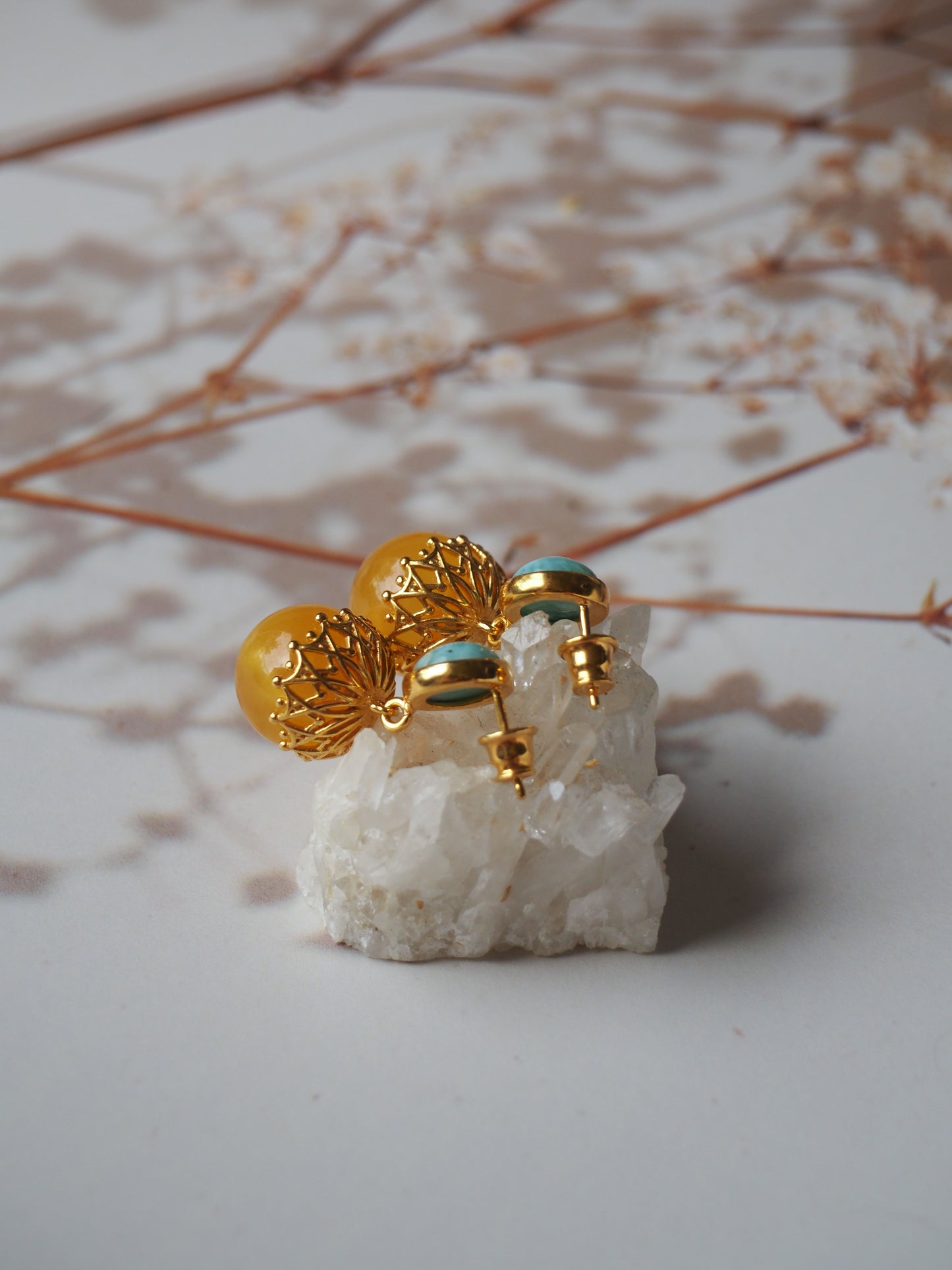 Butterflies Stud Mini Earrings Milk Amber Gold Plated