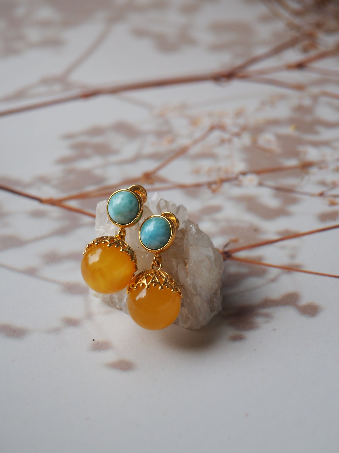 Butterflies Stud Mini Earrings Milk Amber Gold Plated