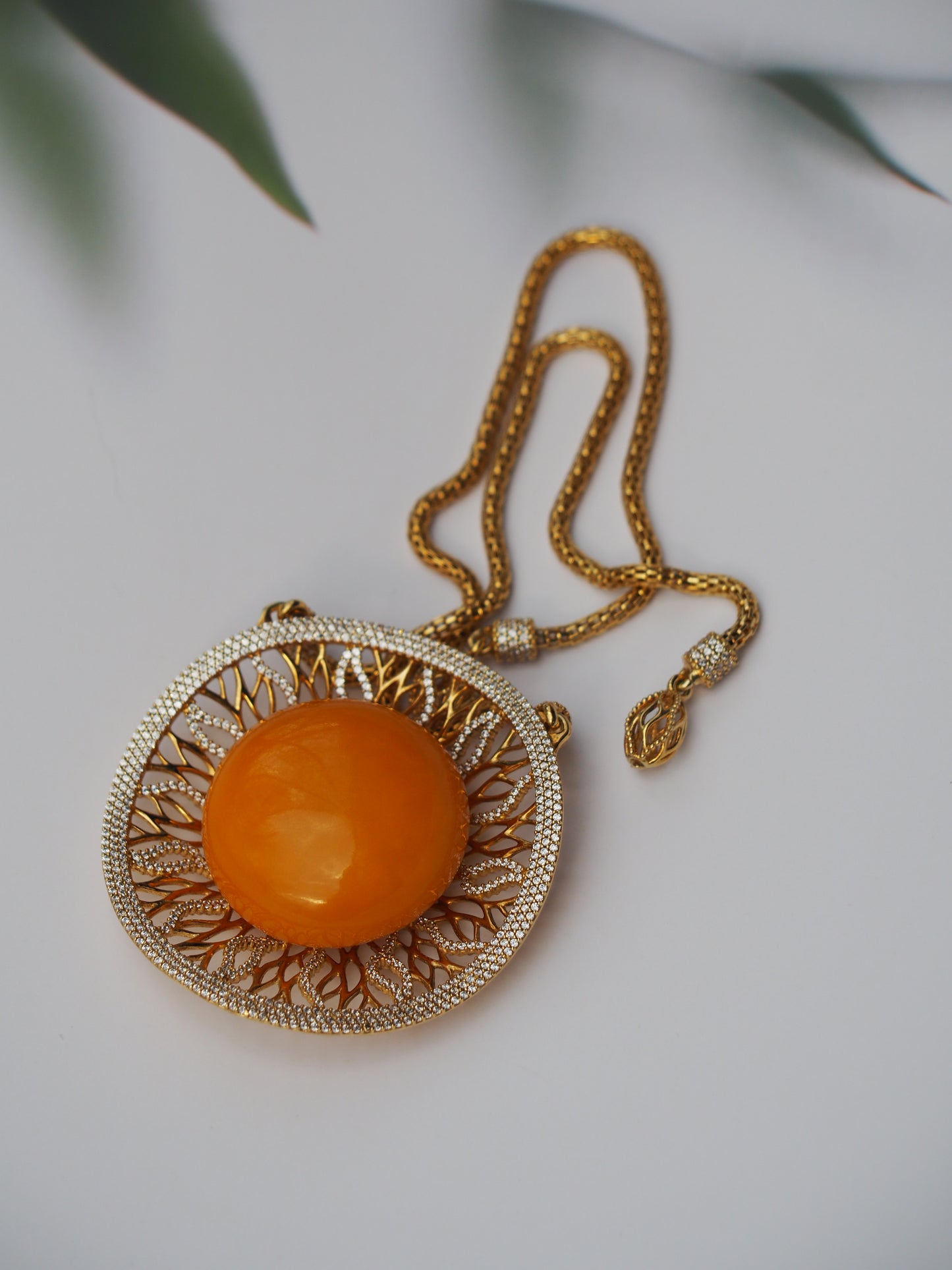 RUNWAY PIECE Unique Huge Supertree Inspired Honey Amber Pendant with Cubic Zirconias