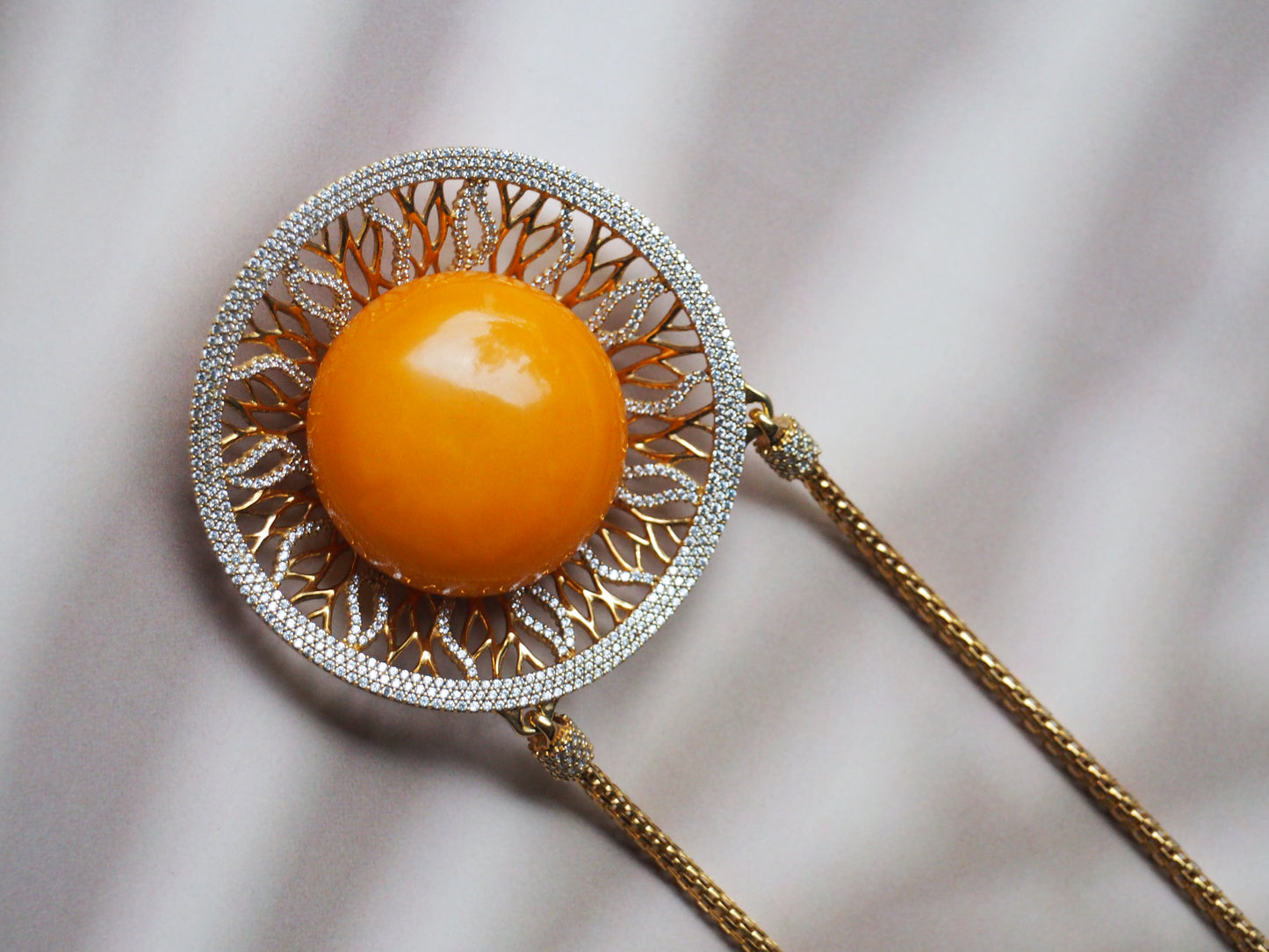 RUNWAY PIECE Unique Huge Supertree Inspired Honey Amber Pendant with Cubic Zirconias