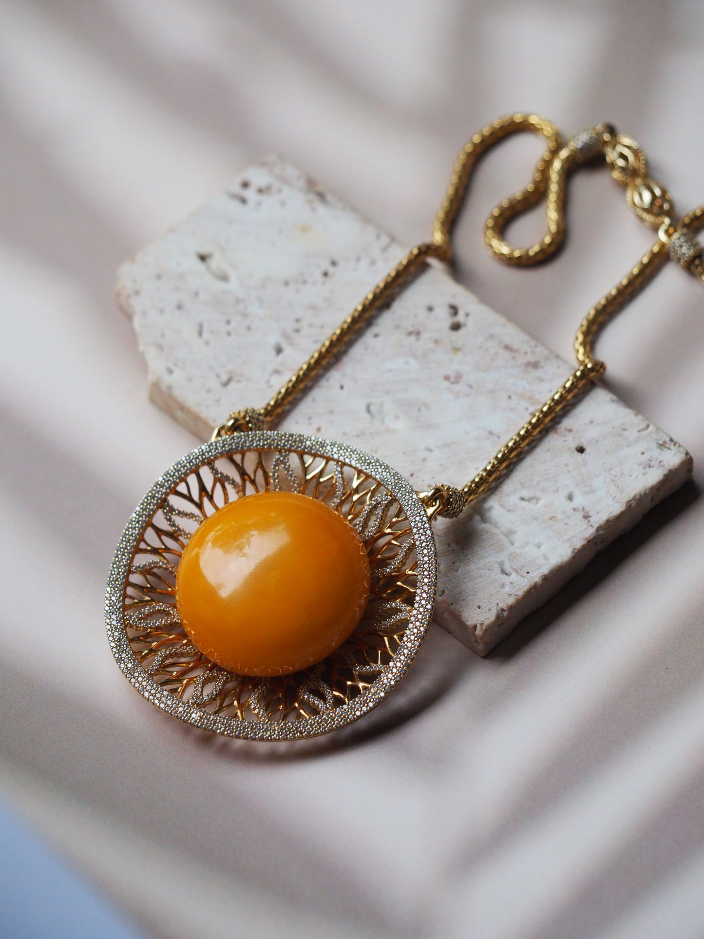 RUNWAY PIECE Unique Huge Supertree Inspired Honey Amber Pendant with Cubic Zirconias