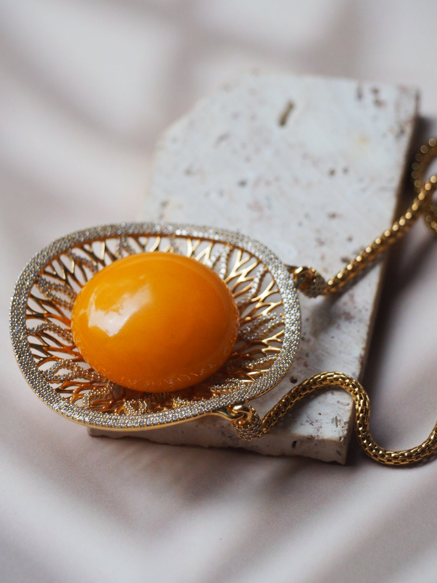 RUNWAY PIECE Unique Huge Supertree Inspired Honey Amber Pendant with Cubic Zirconias