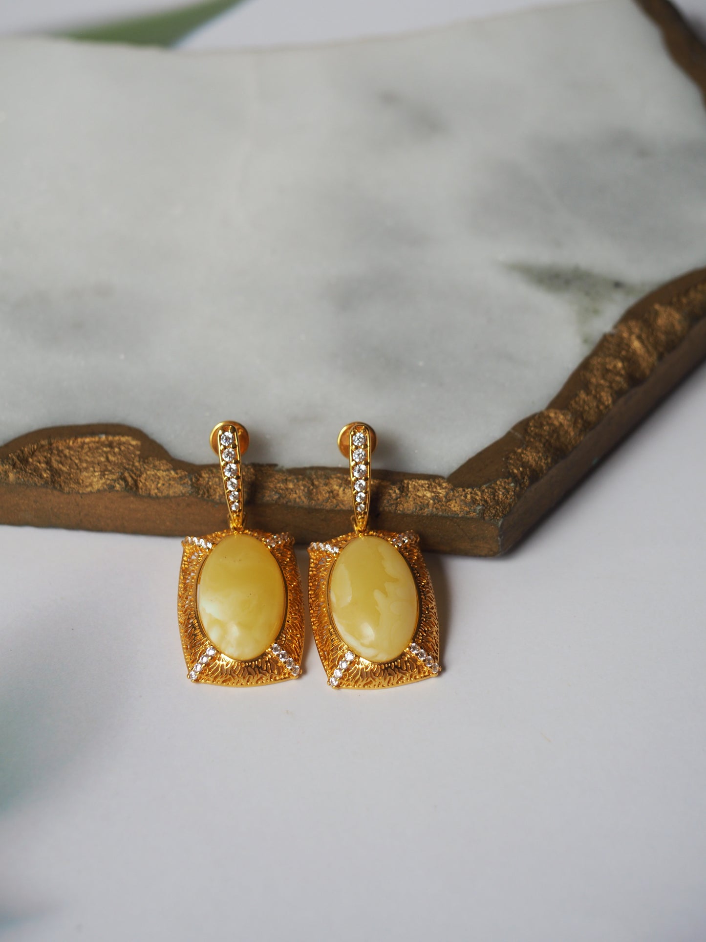 Rectangular Butterscotch Amber Drop Stud Earrings with Cubic Zirconias in Gold Plated Silver