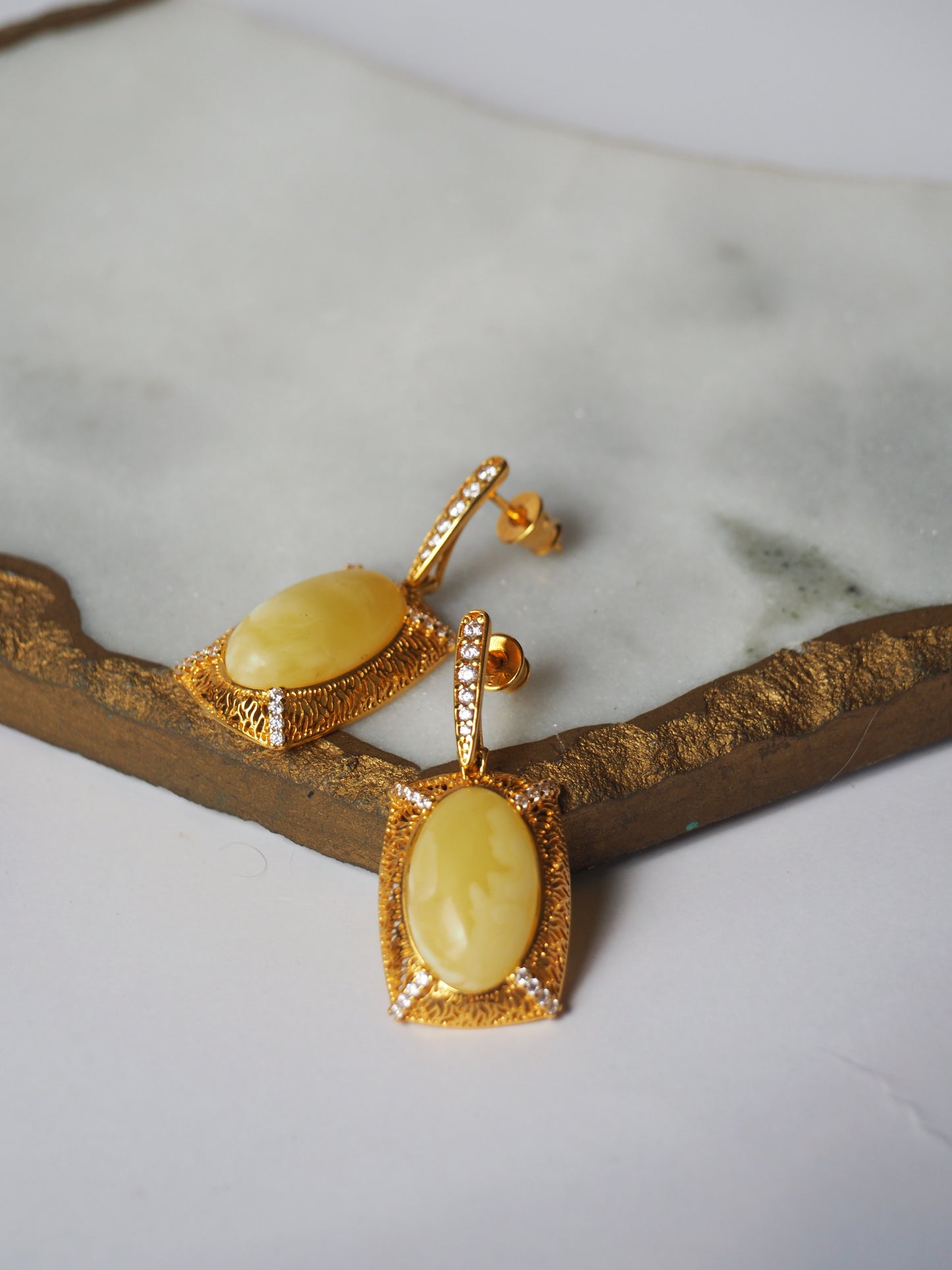 Rectangular Butterscotch Amber Drop Stud Earrings with Cubic Zirconias in Gold Plated Silver